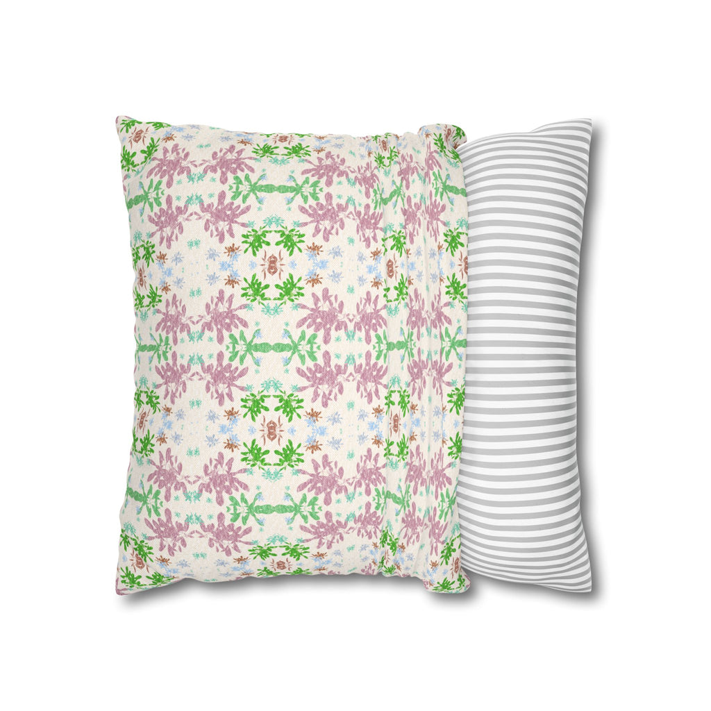 Green and Pink Floral Mosaic Square Pillowcase — Pastel Garden Decorative Throw Pillow Cover