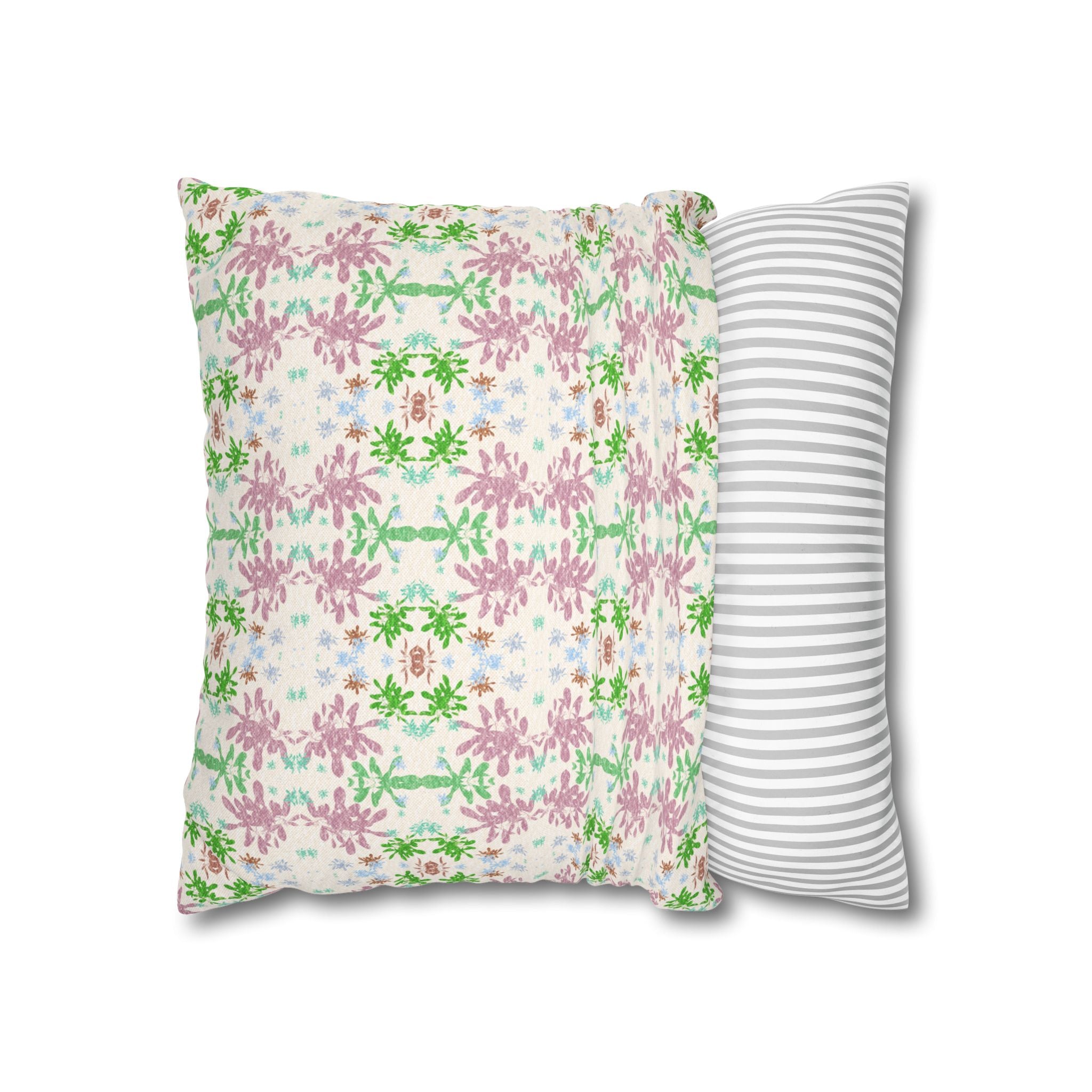Green and Pink Floral Mosaic Square Pillowcase — Pastel Garden Decorative Throw Pillow Cover