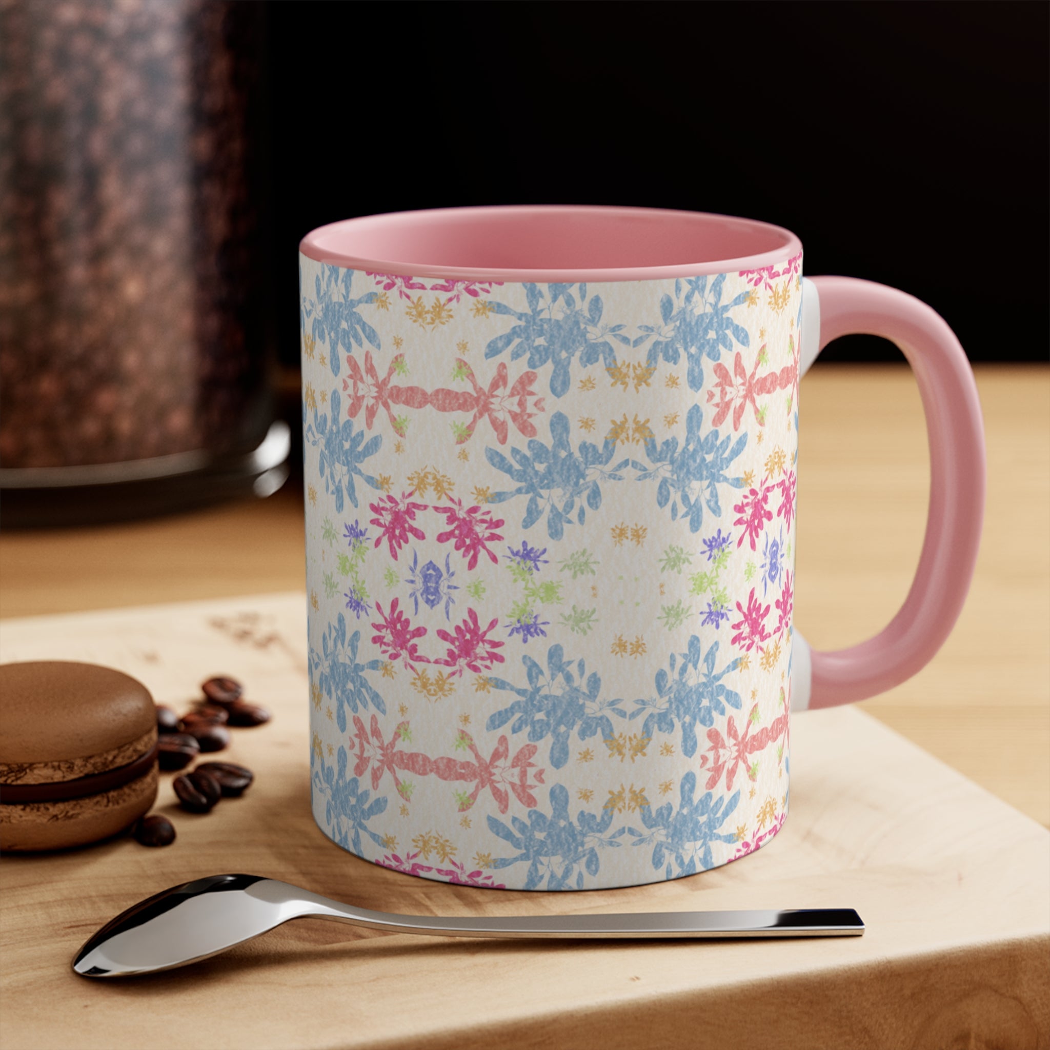 Blue Pastel Floral Accent Mug — Pink Interior Coffee Cup