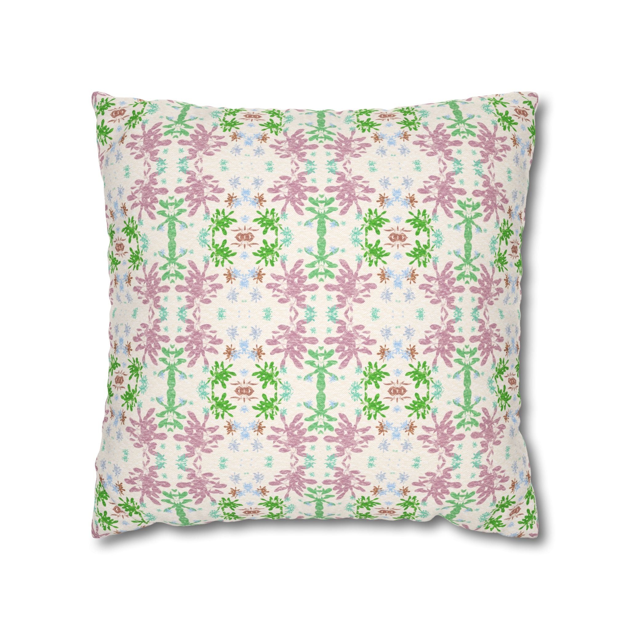 Green and Pink Floral Mosaic Square Pillowcase — Pastel Garden Decorative Throw Pillow Cover