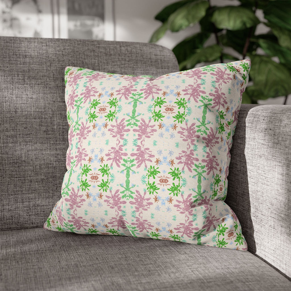 Green and Pink Floral Mosaic Square Pillowcase — Pastel Garden Decorative Throw Pillow Cover