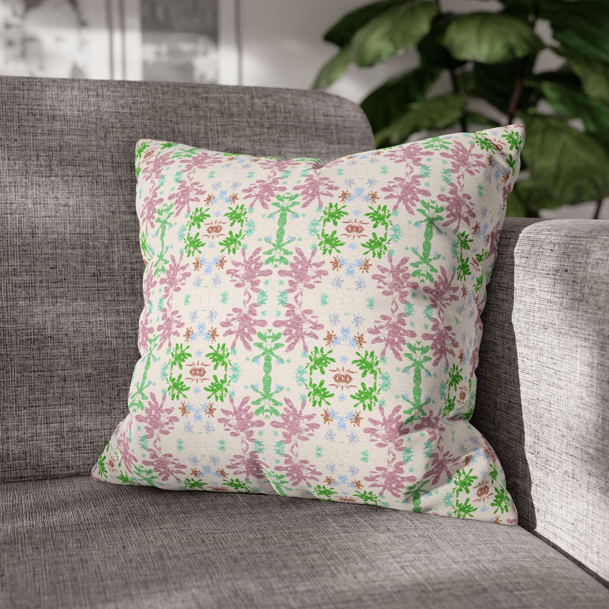Green and Pink Floral Mosaic Square Pillowcase — Pastel Garden Decorative Throw Pillow Cover
