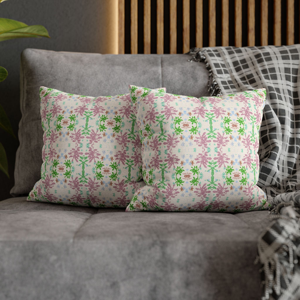 Green and Pink Floral Mosaic Square Pillowcase — Pastel Garden Decorative Throw Pillow Cover