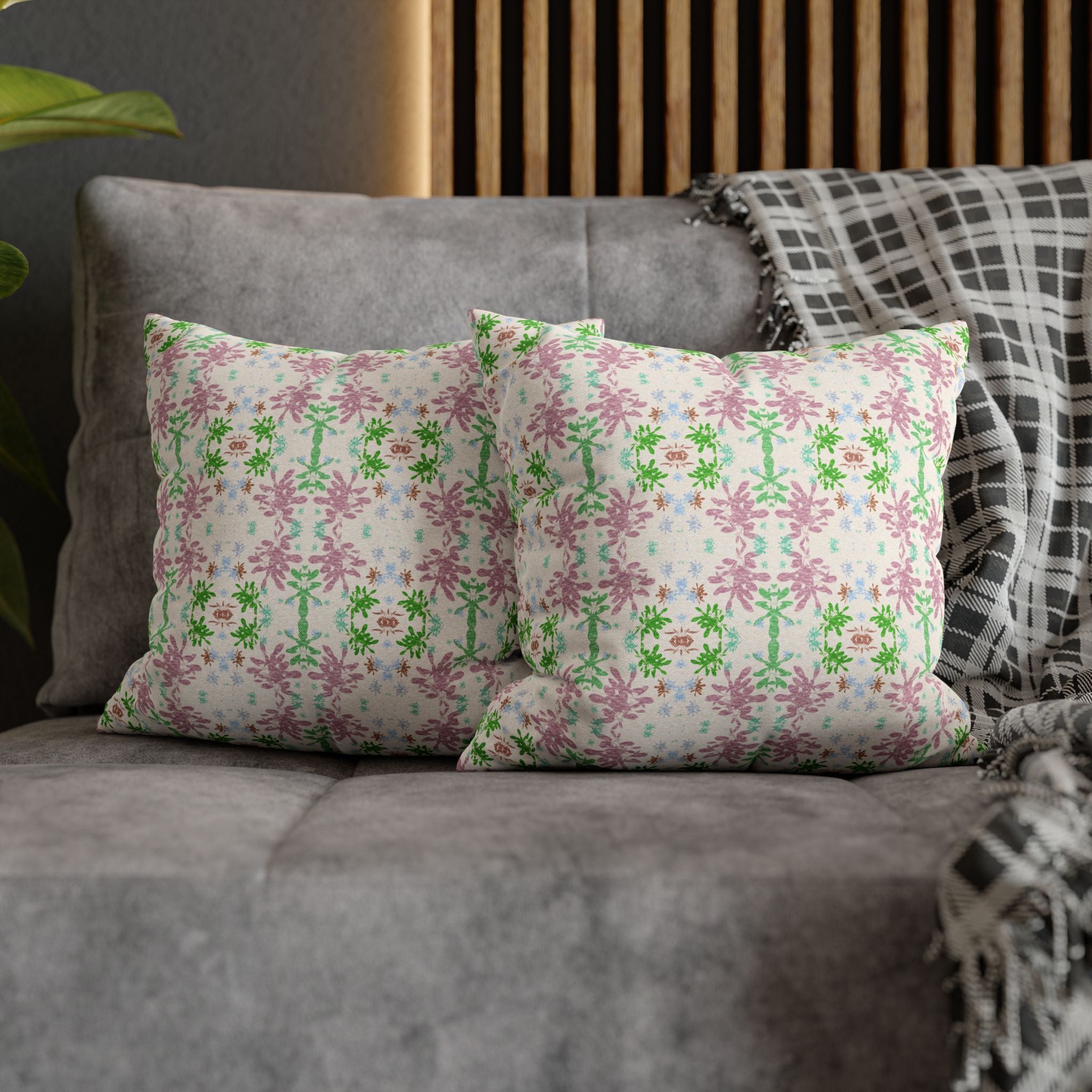 Green and Pink Floral Mosaic Square Pillowcase — Pastel Garden Decorative Throw Pillow Cover