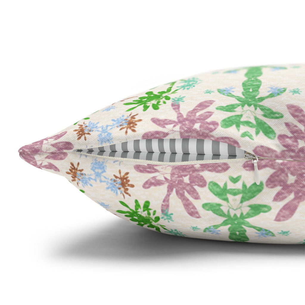 Green and Pink Floral Mosaic Square Pillowcase — Pastel Garden Decorative Throw Pillow Cover