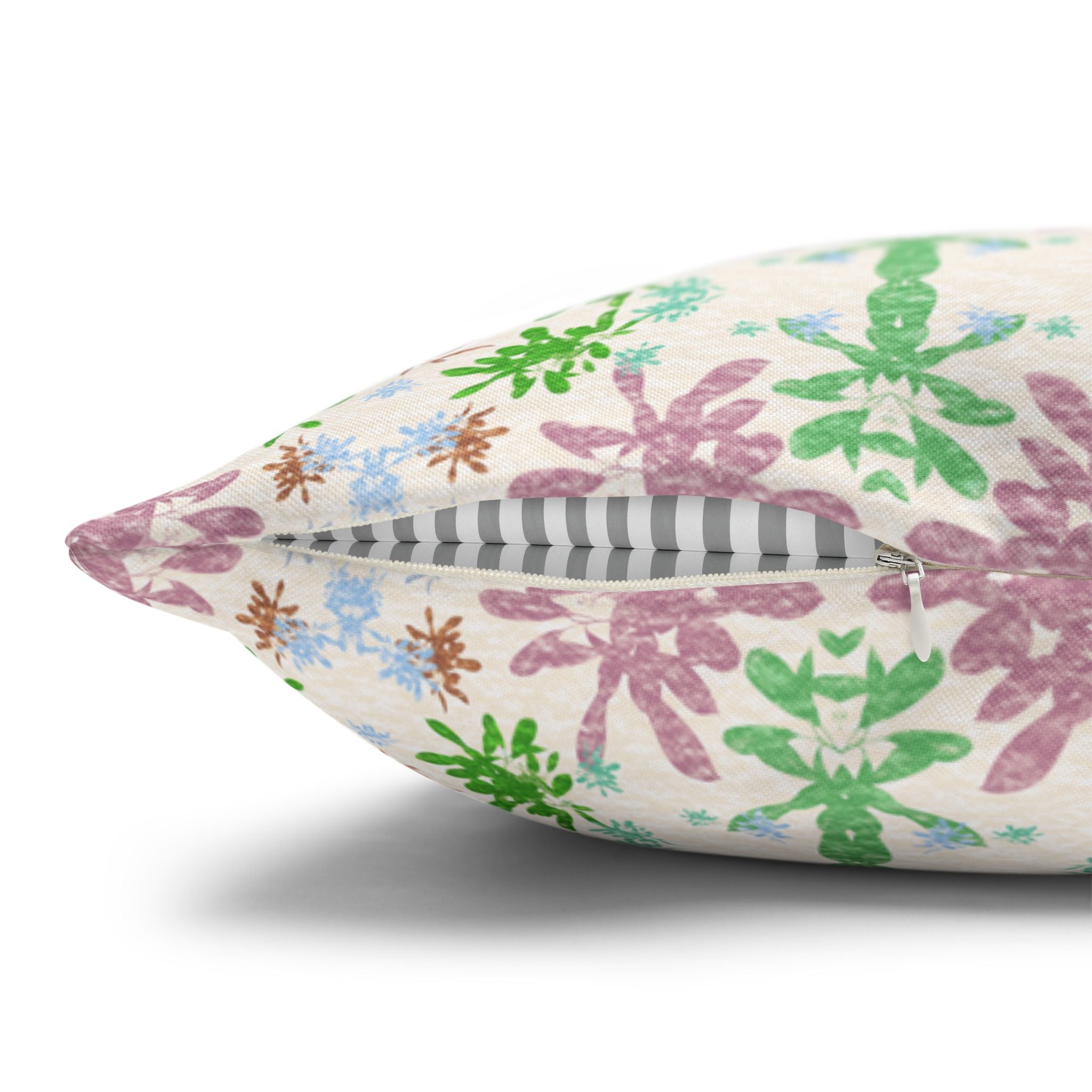 Green and Pink Floral Mosaic Square Pillowcase — Pastel Garden Decorative Throw Pillow Cover