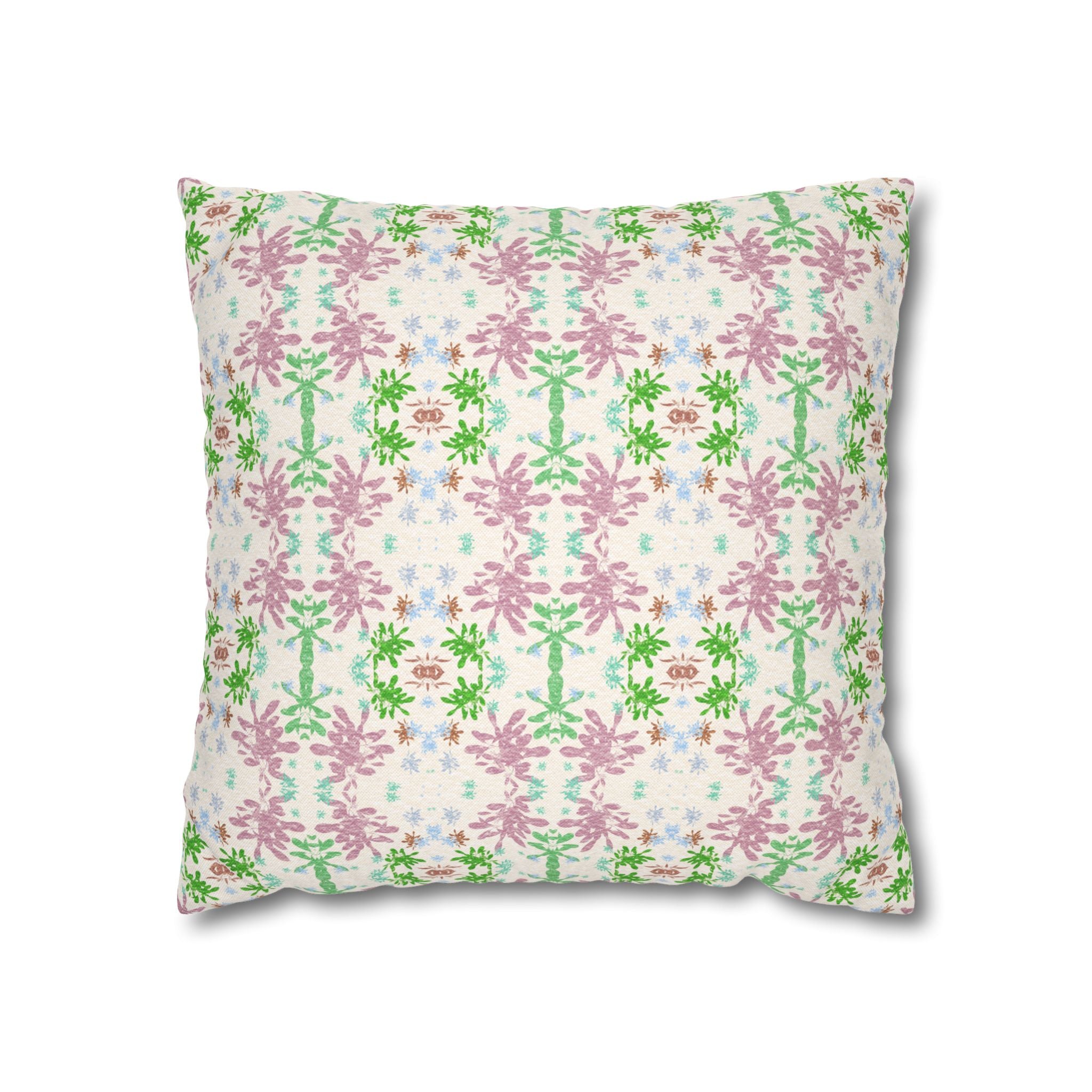 Green and Pink Floral Mosaic Square Pillowcase — Pastel Garden Decorative Throw Pillow Cover