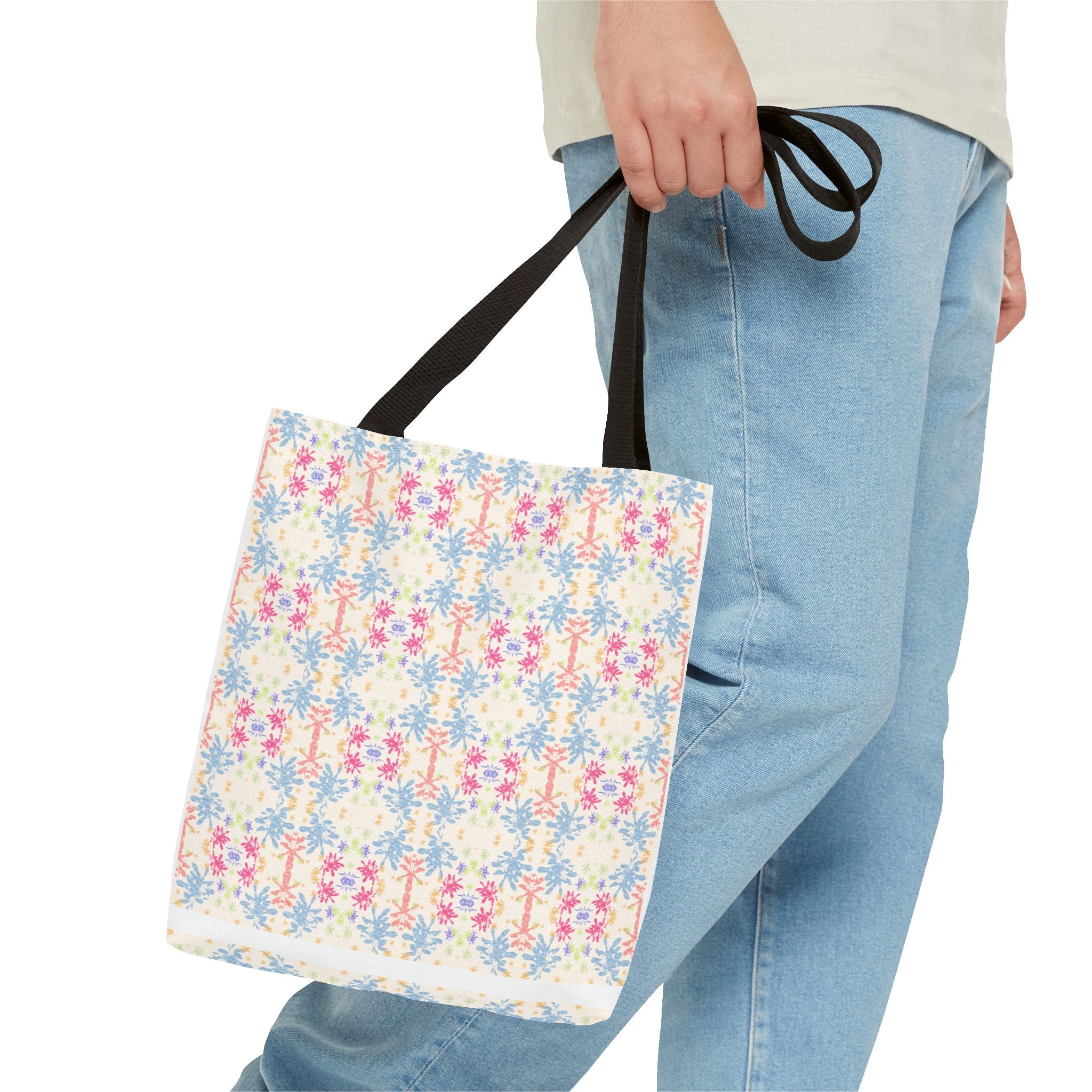 Blue Floral Pastel Pattern Tote Bag — Lightweight All-Over-Print Shoppern.