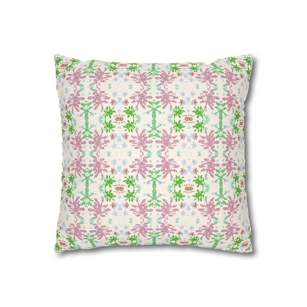 Green and Pink Floral Mosaic Square Pillowcase — Pastel Garden Decorative Throw Pillow Cover