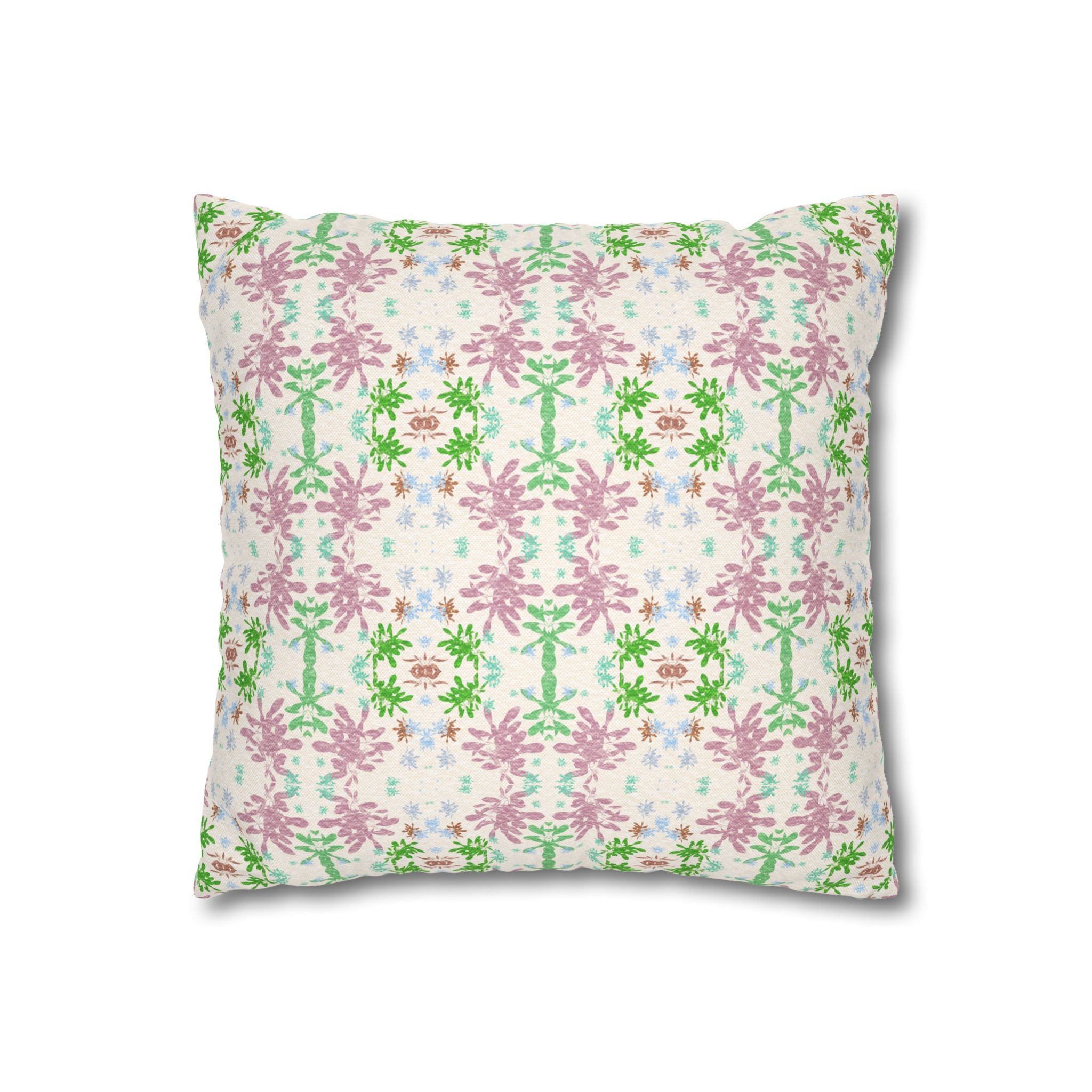 Green and Pink Floral Mosaic Square Pillowcase — Pastel Garden Decorative Throw Pillow Cover