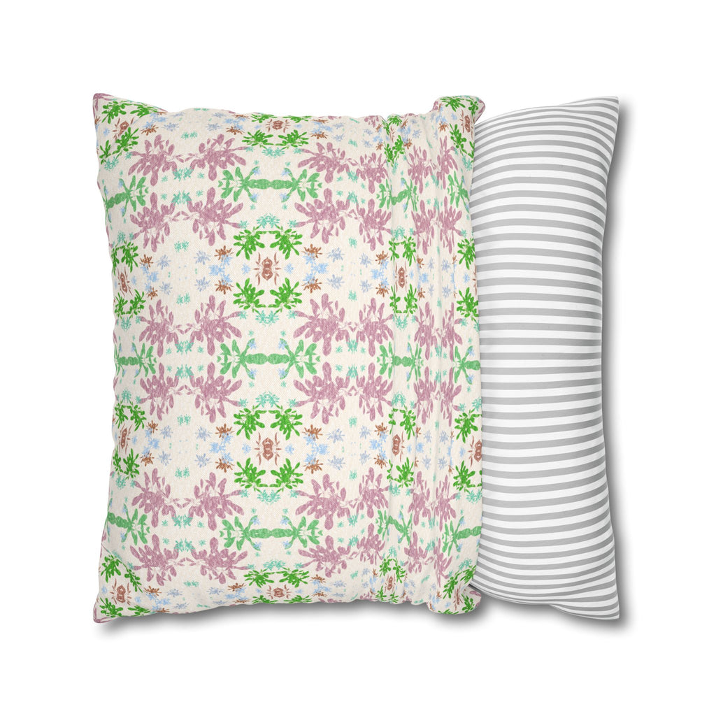 Green and Pink Floral Mosaic Square Pillowcase — Pastel Garden Decorative Throw Pillow Cover