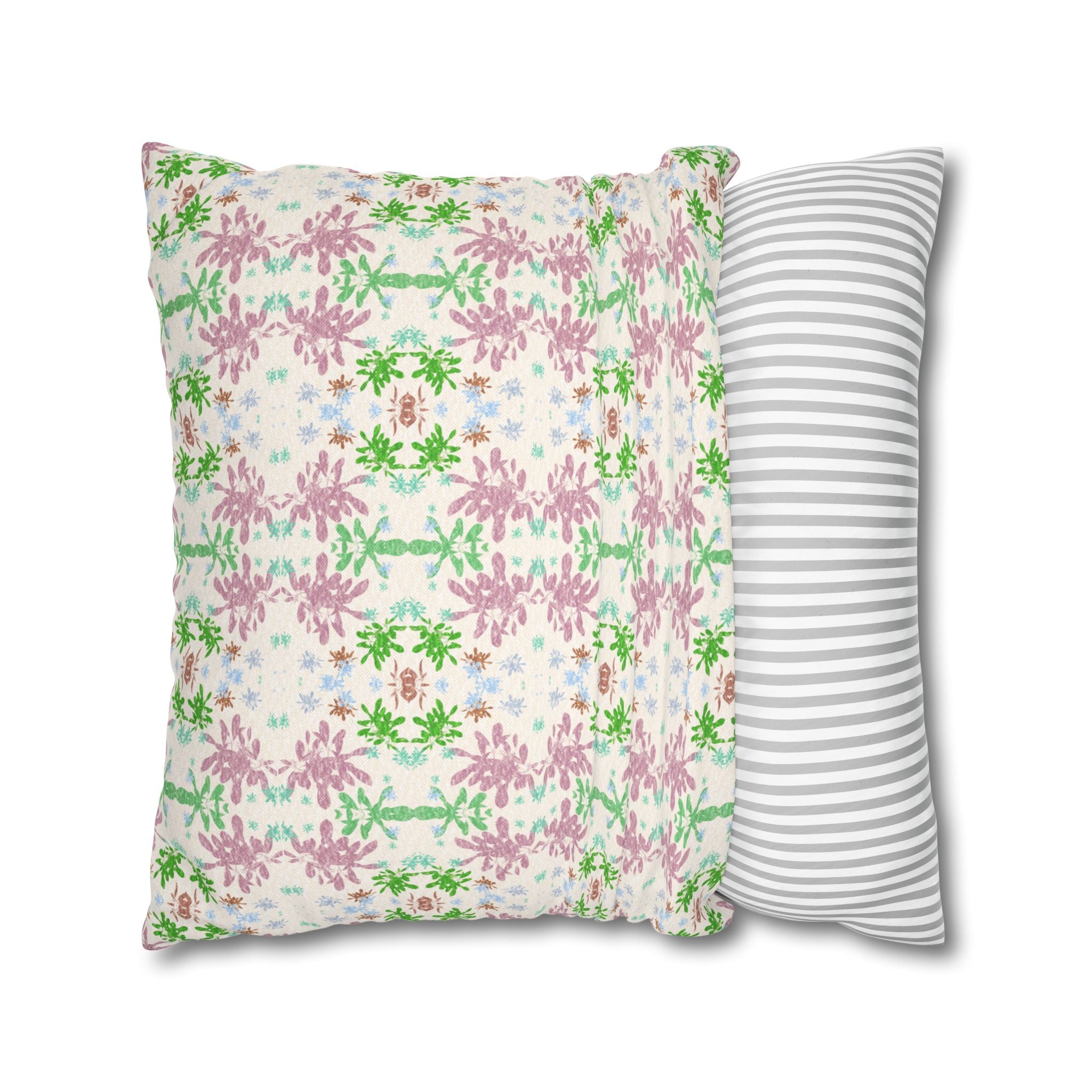 Green and Pink Floral Mosaic Square Pillowcase — Pastel Garden Decorative Throw Pillow Cover