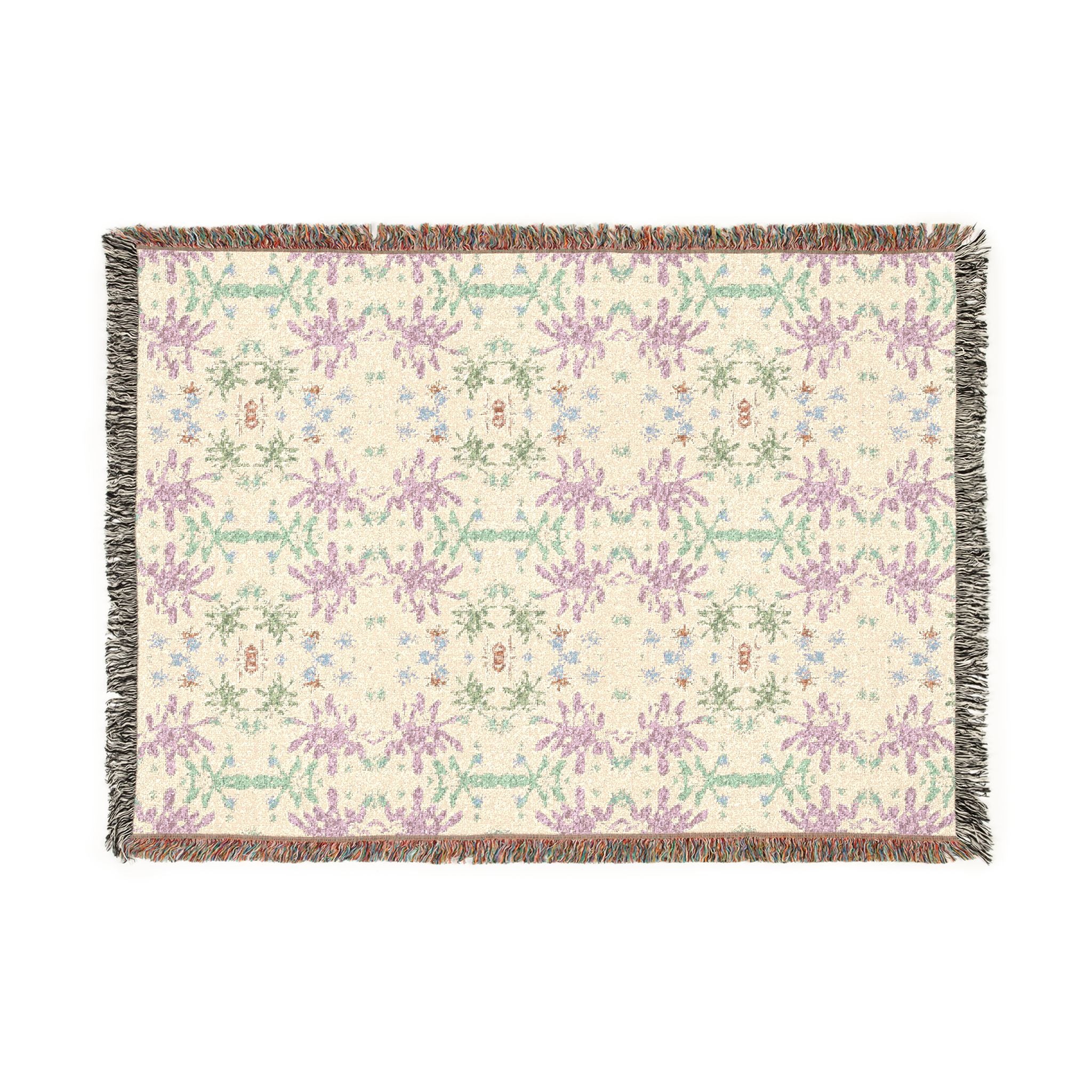 Green and Pink Woven Blanket - Vintage Floral Jacquard Throw, Pastel Cottagecore Home Decor