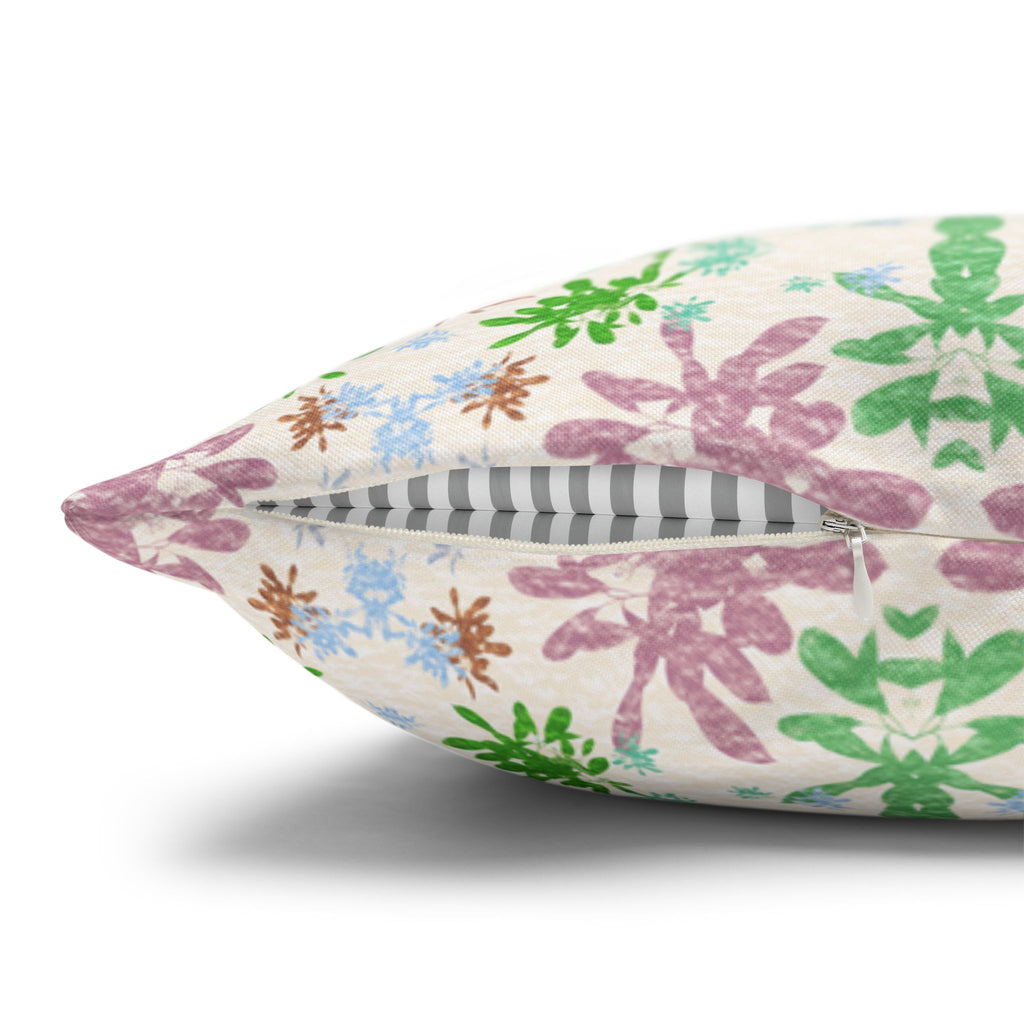 Green and Pink Floral Mosaic Square Pillowcase — Pastel Garden Decorative Throw Pillow Cover