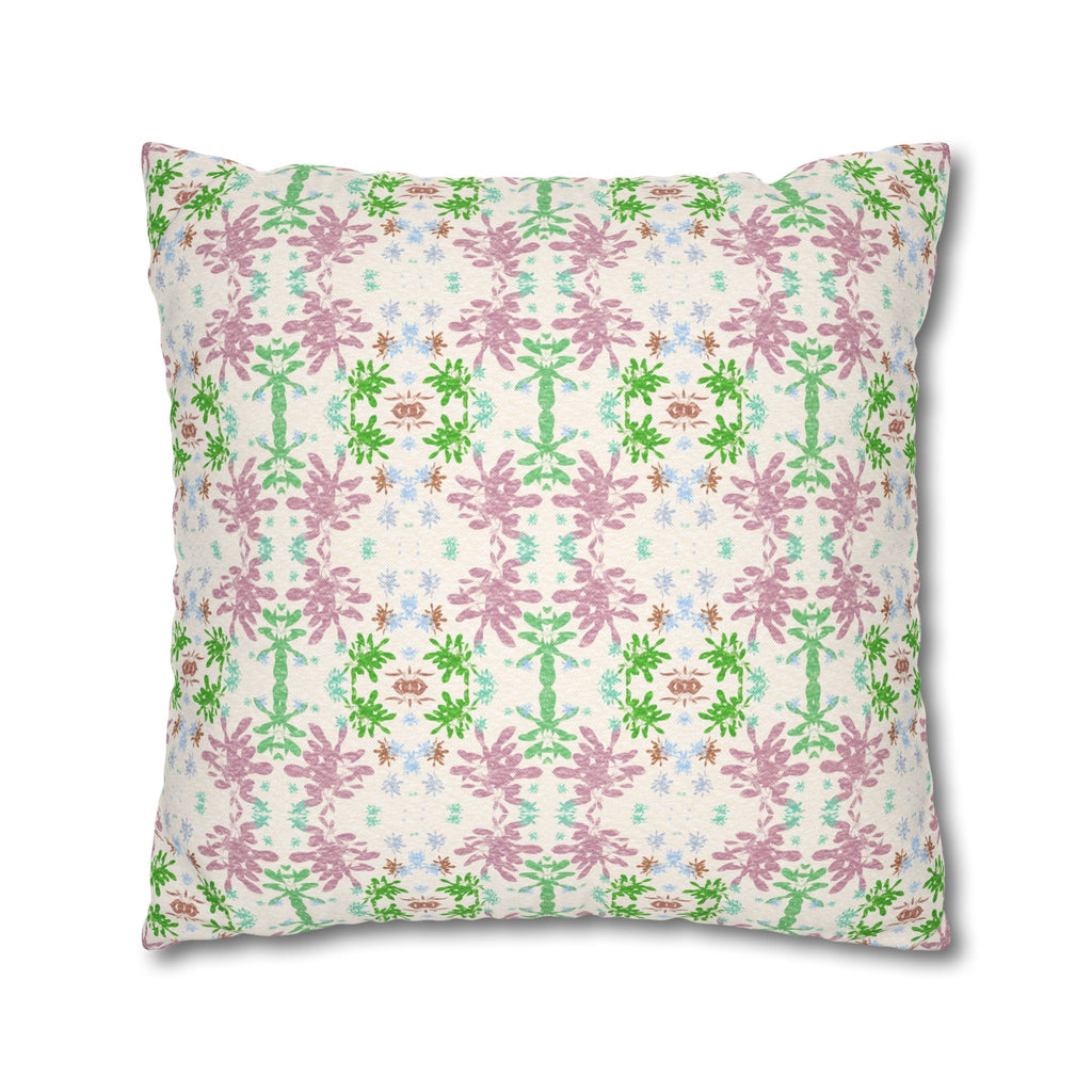 Green and Pink Floral Mosaic Square Pillowcase — Pastel Garden Decorative Throw Pillow Cover