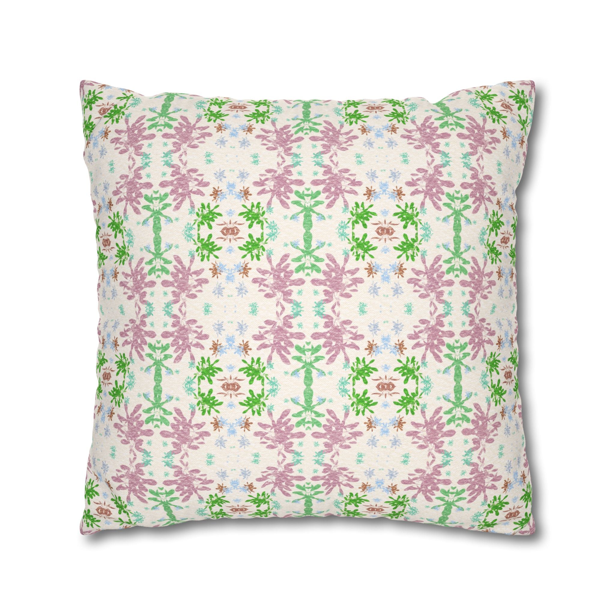 Green and Pink Floral Mosaic Square Pillowcase — Pastel Garden Decorative Throw Pillow Cover