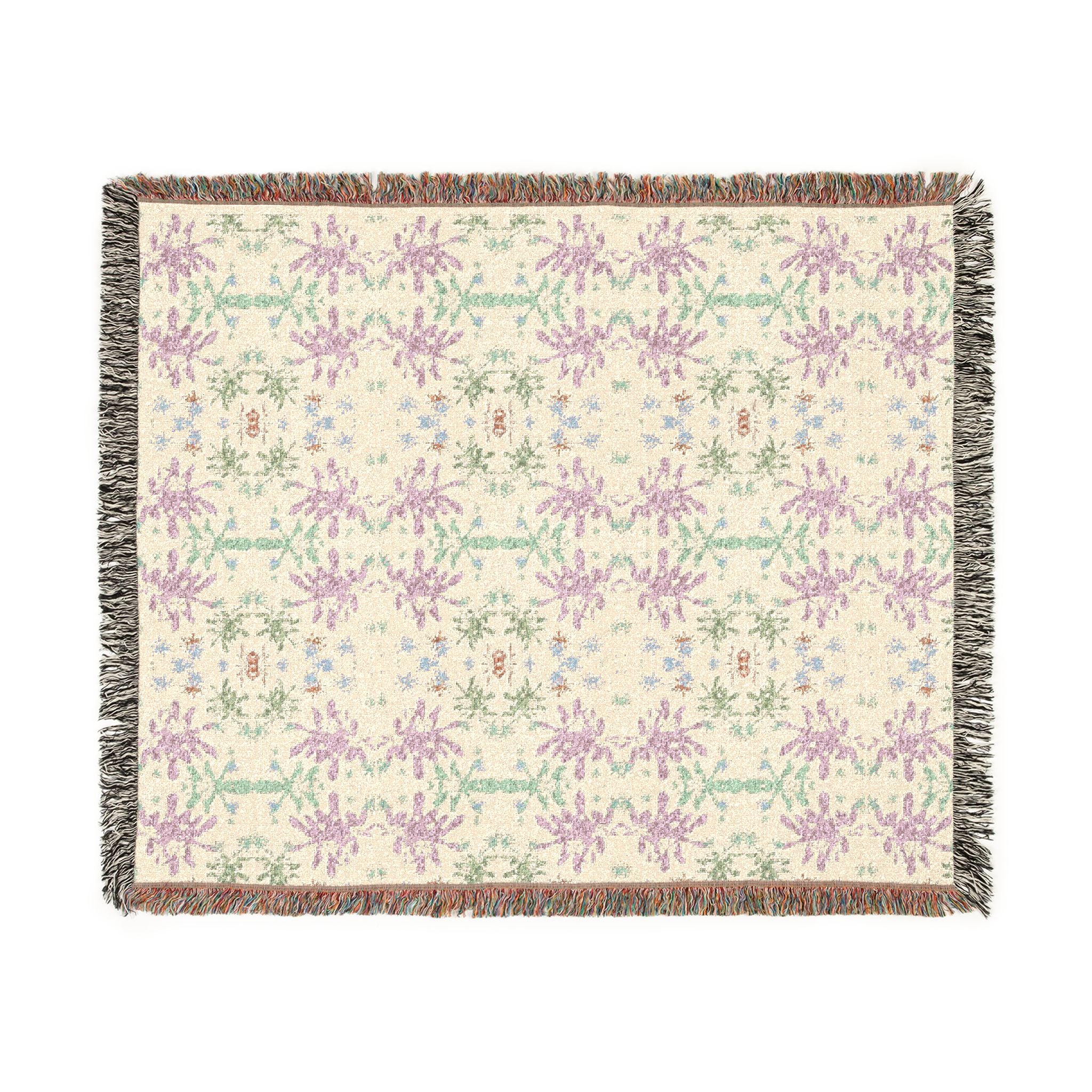 Green and Pink Woven Blanket - Vintage Floral Jacquard Throw, Pastel Cottagecore Home Decor