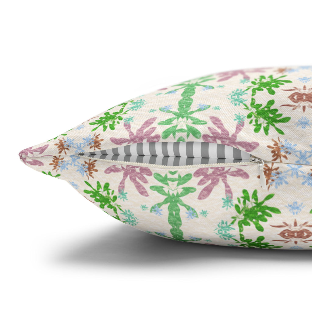 Green and Pink Floral Mosaic Square Pillowcase — Pastel Garden Decorative Throw Pillow Cover