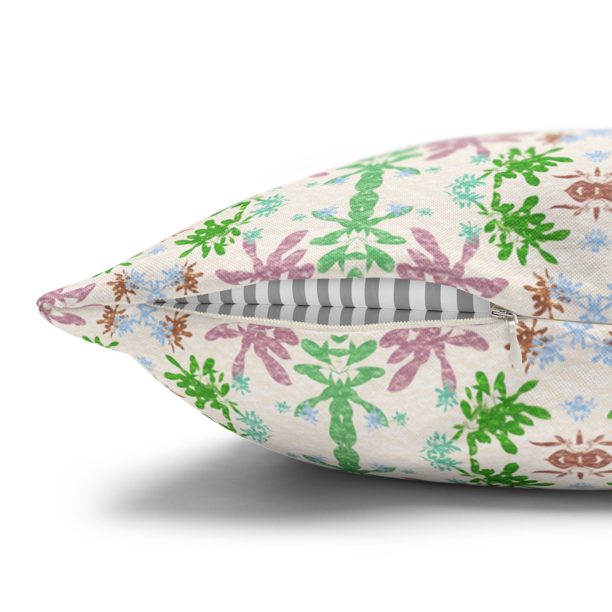 Green and Pink Floral Mosaic Square Pillowcase — Pastel Garden Decorative Throw Pillow Cover