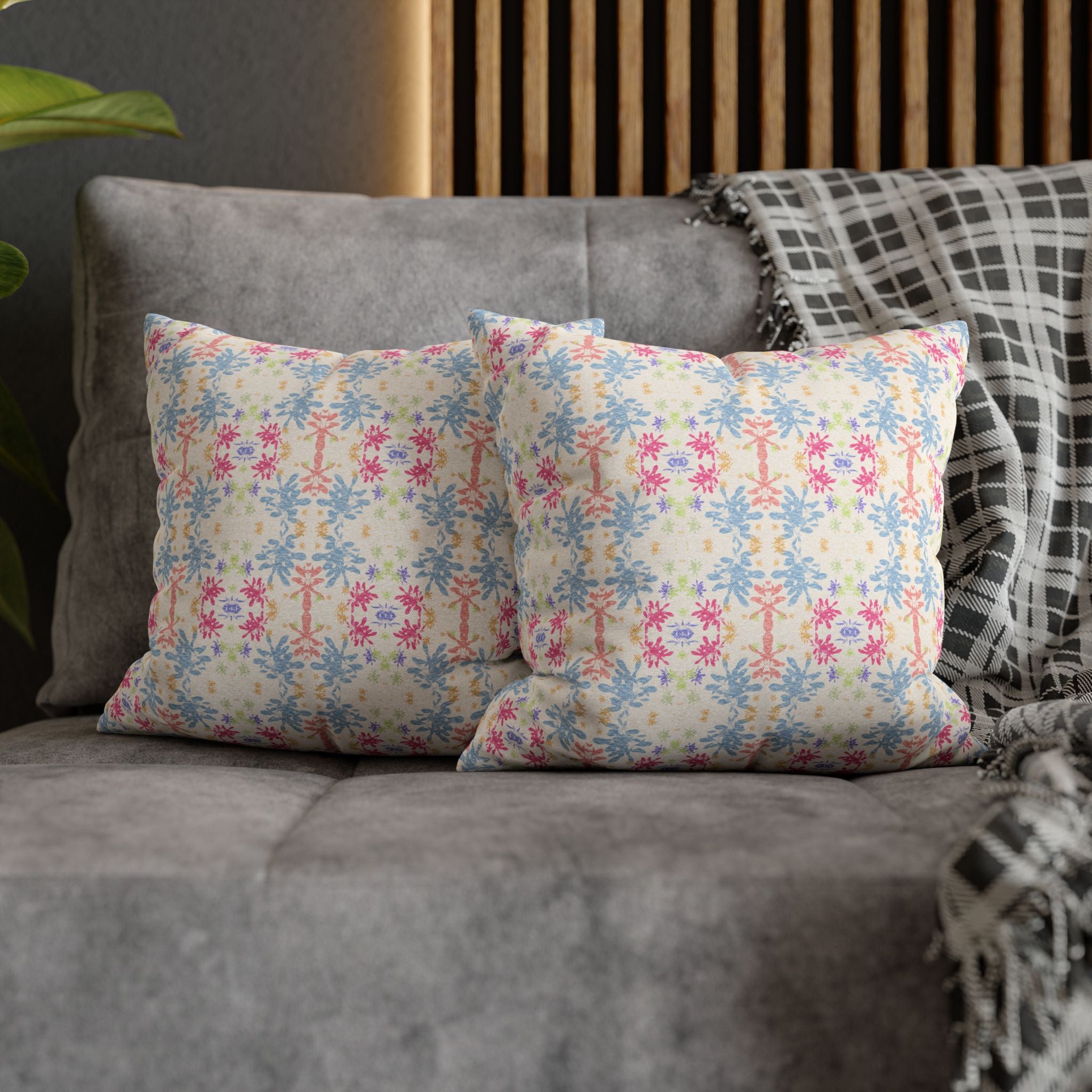 Blue Floral Pastel Pattern Square Pillowcase — Watercolor Spring Throw Pillow Cover