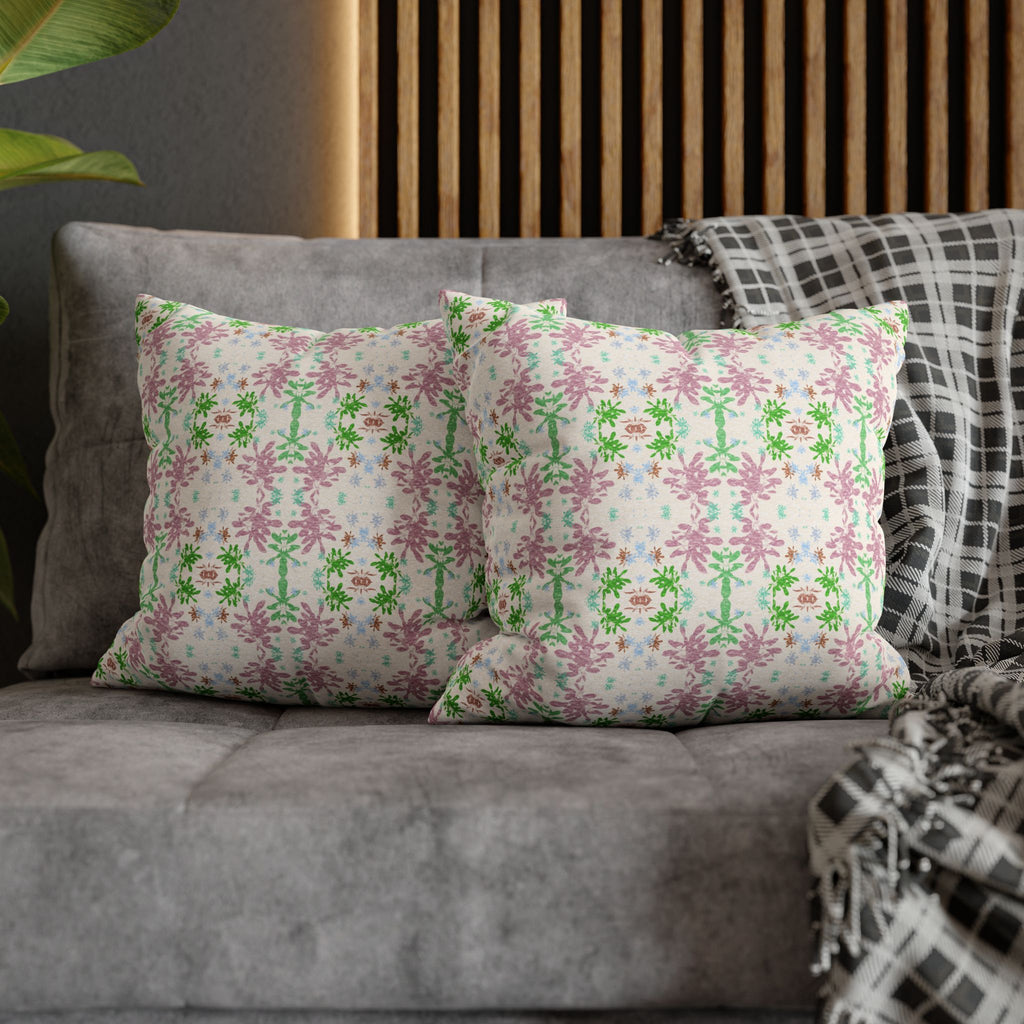 Green and Pink Floral Mosaic Square Pillowcase — Pastel Garden Decorative Throw Pillow Cover