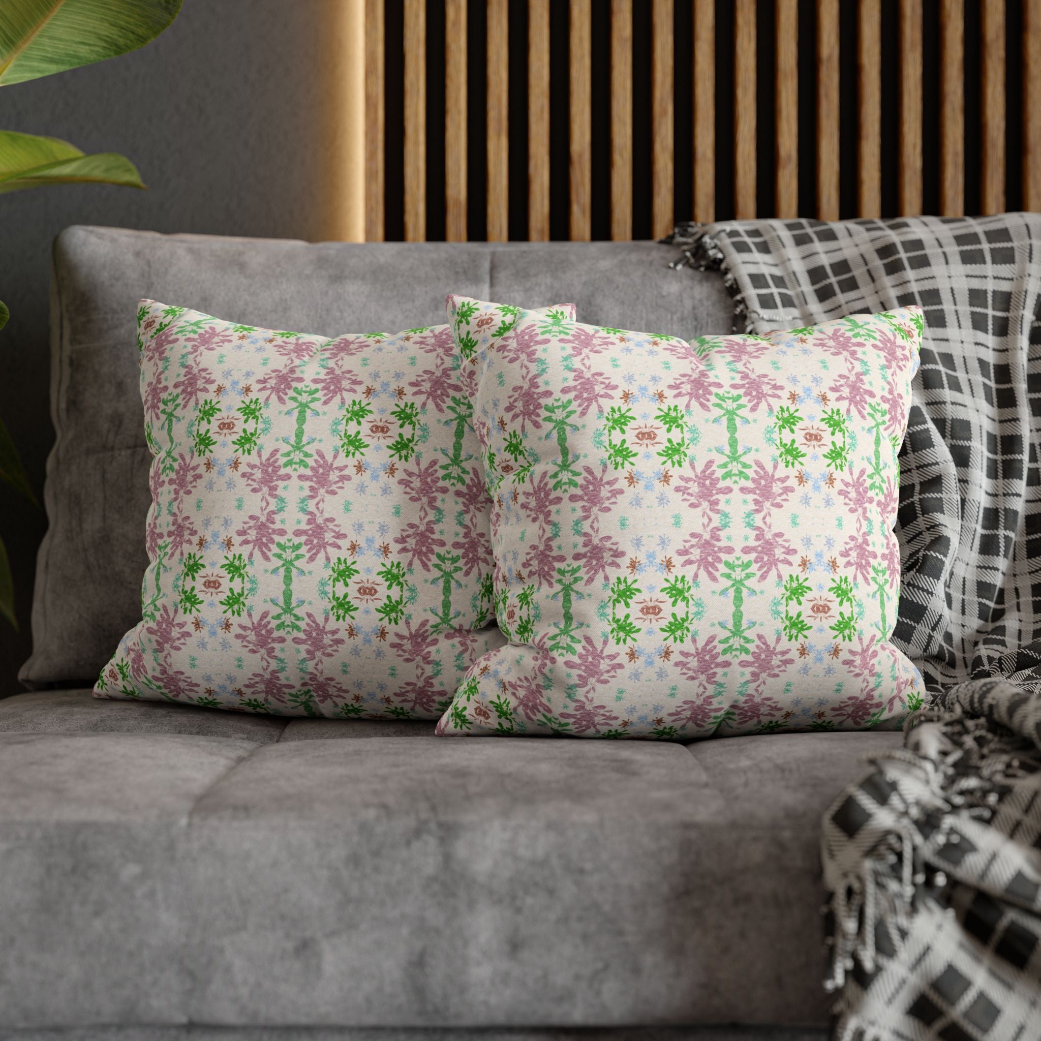Green and Pink Floral Mosaic Square Pillowcase — Pastel Garden Decorative Throw Pillow Cover
