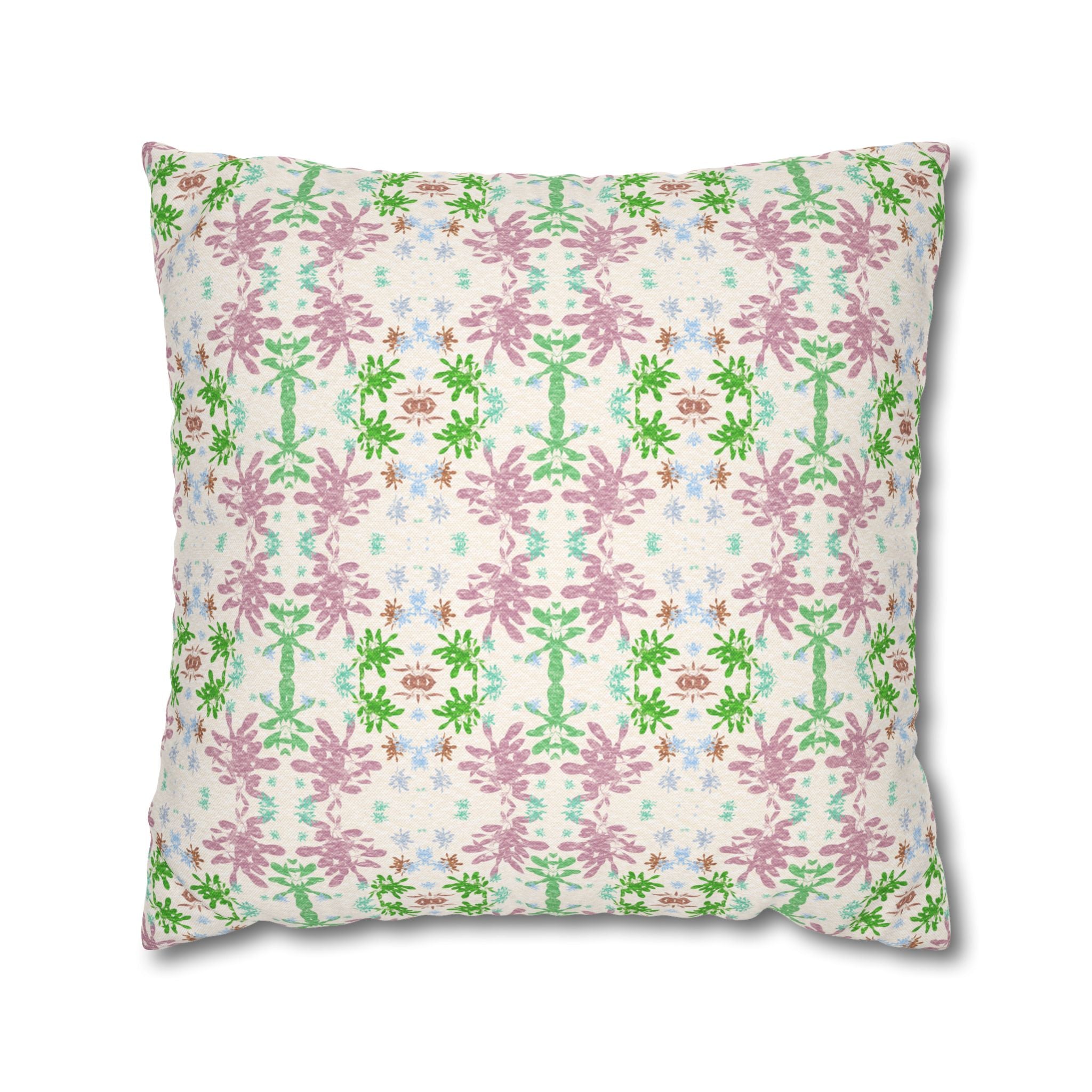 Green and Pink Floral Mosaic Square Pillowcase — Pastel Garden Decorative Throw Pillow Cover