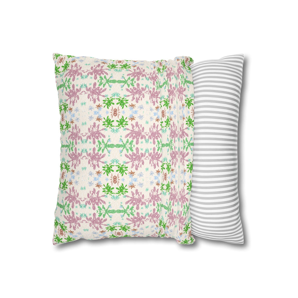 Green and Pink Floral Mosaic Square Pillowcase — Pastel Garden Decorative Throw Pillow Cover