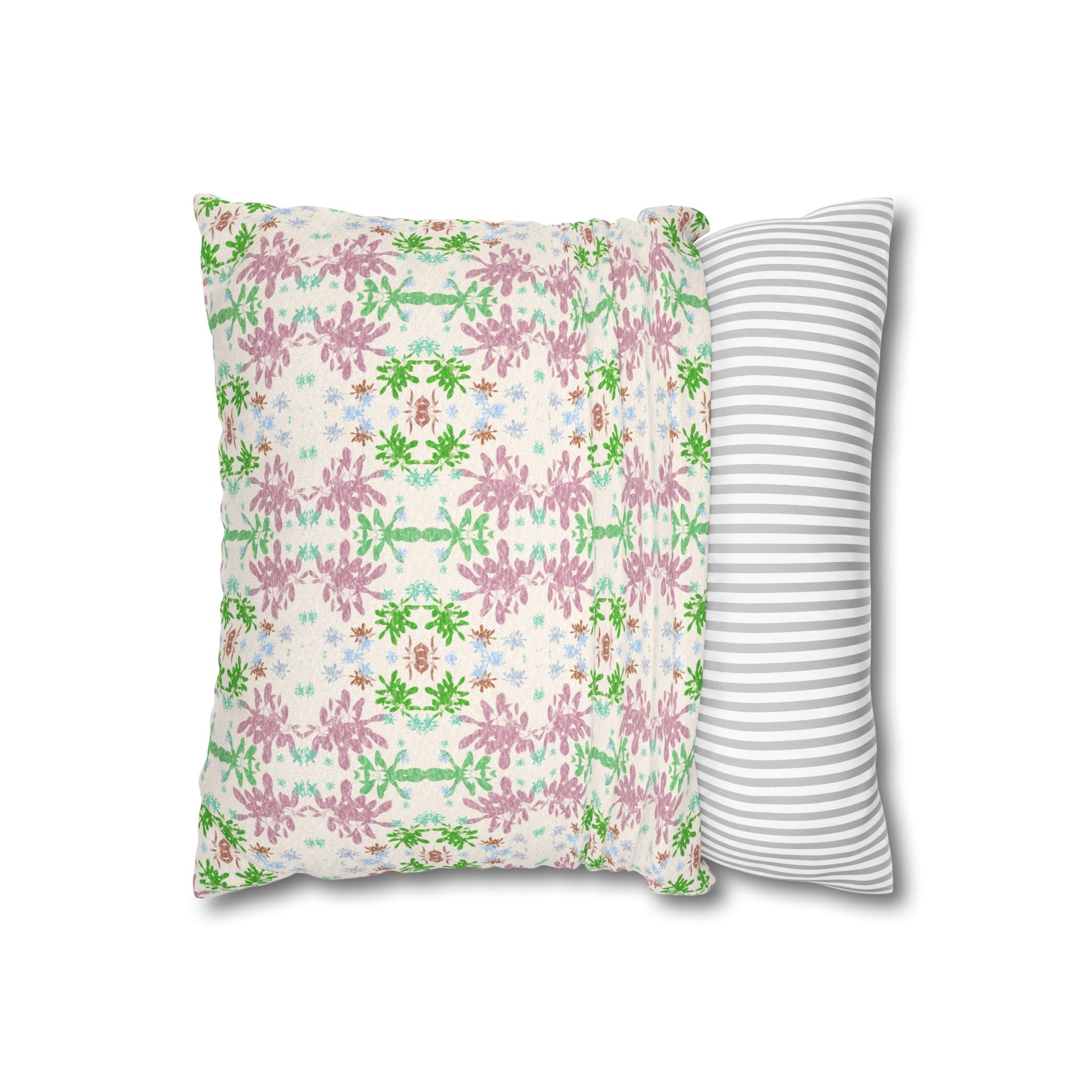 Green and Pink Floral Mosaic Square Pillowcase — Pastel Garden Decorative Throw Pillow Cover