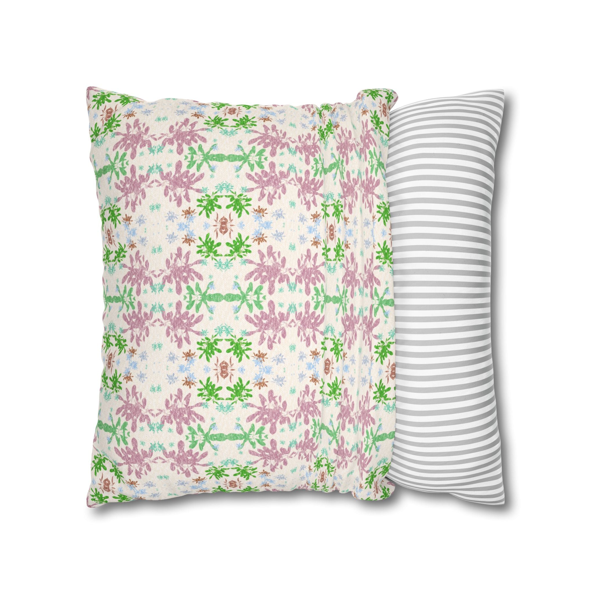Green and Pink Floral Mosaic Square Pillowcase — Pastel Garden Decorative Throw Pillow Cover
