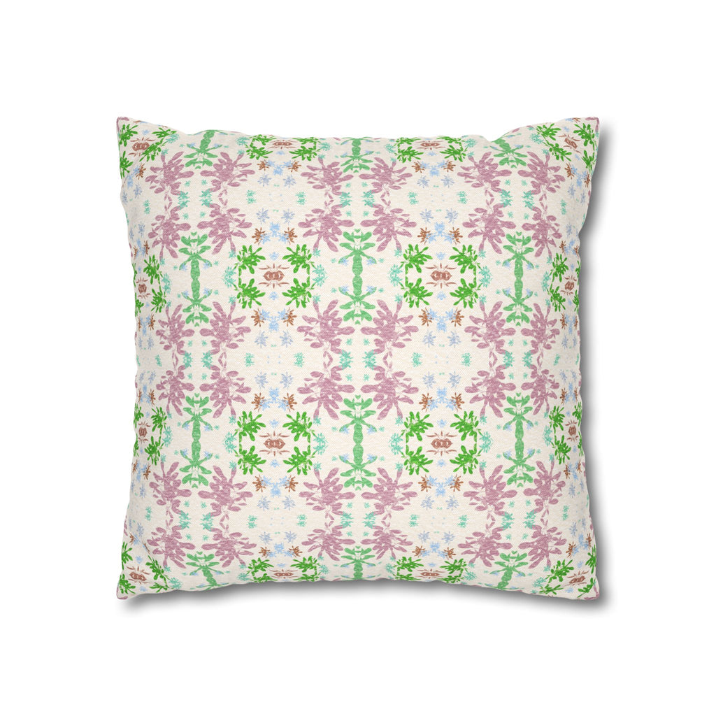 Green and Pink Floral Mosaic Square Pillowcase — Pastel Garden Decorative Throw Pillow Cover