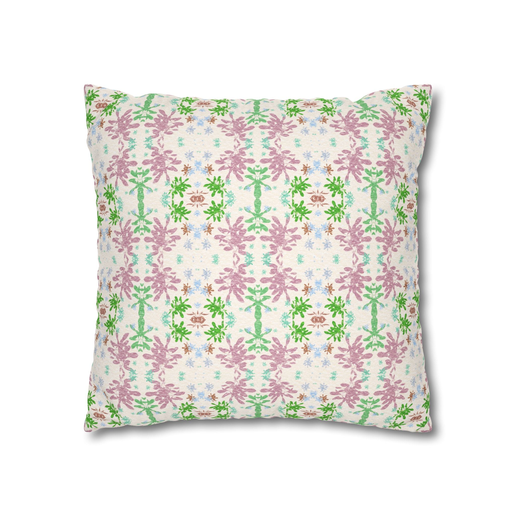 Green and Pink Floral Mosaic Square Pillowcase — Pastel Garden Decorative Throw Pillow Cover