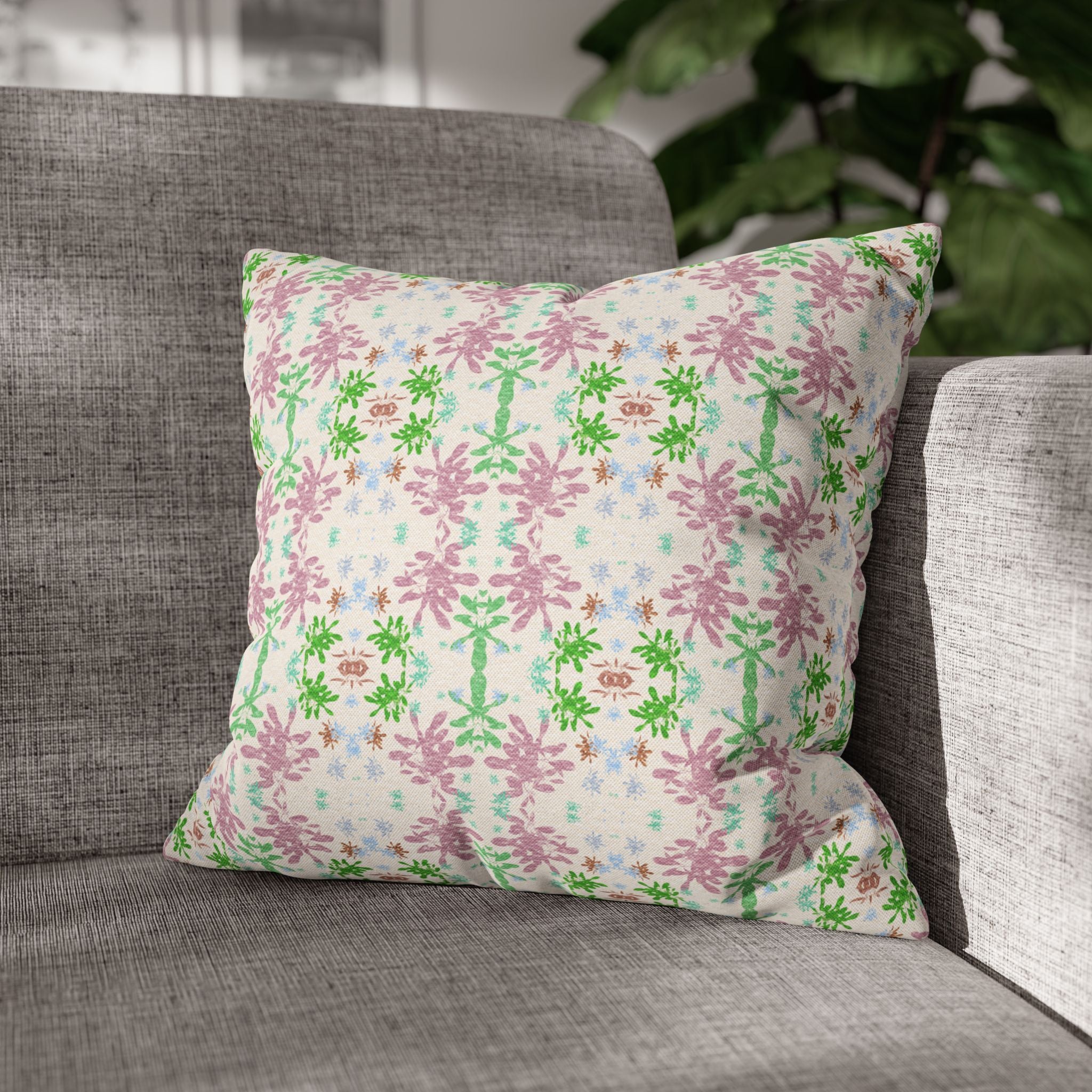 Green and Pink Floral Mosaic Square Pillowcase — Pastel Garden Decorative Throw Pillow Cover