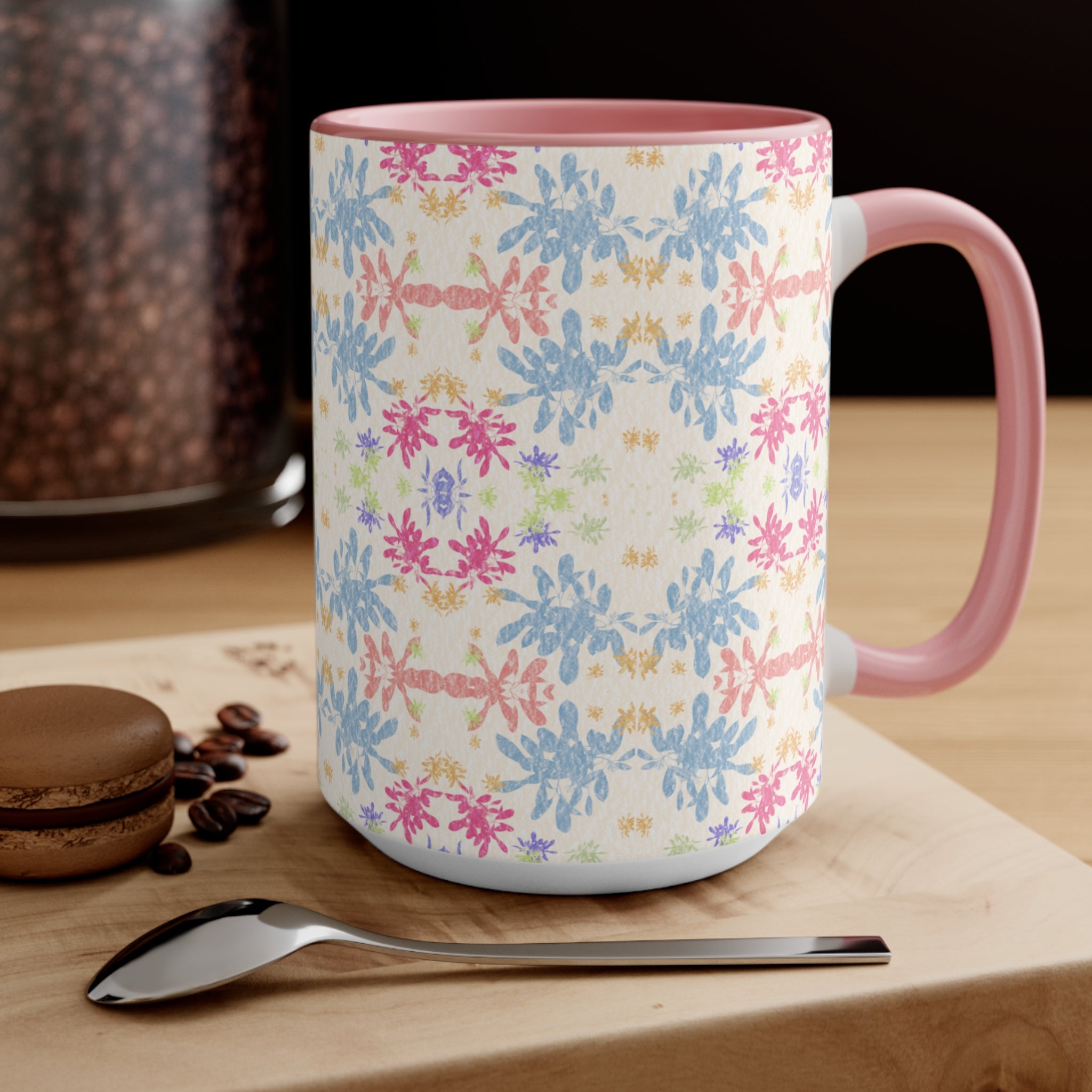 Blue Pastel Floral Accent Mug — Pink Interior Coffee Cup