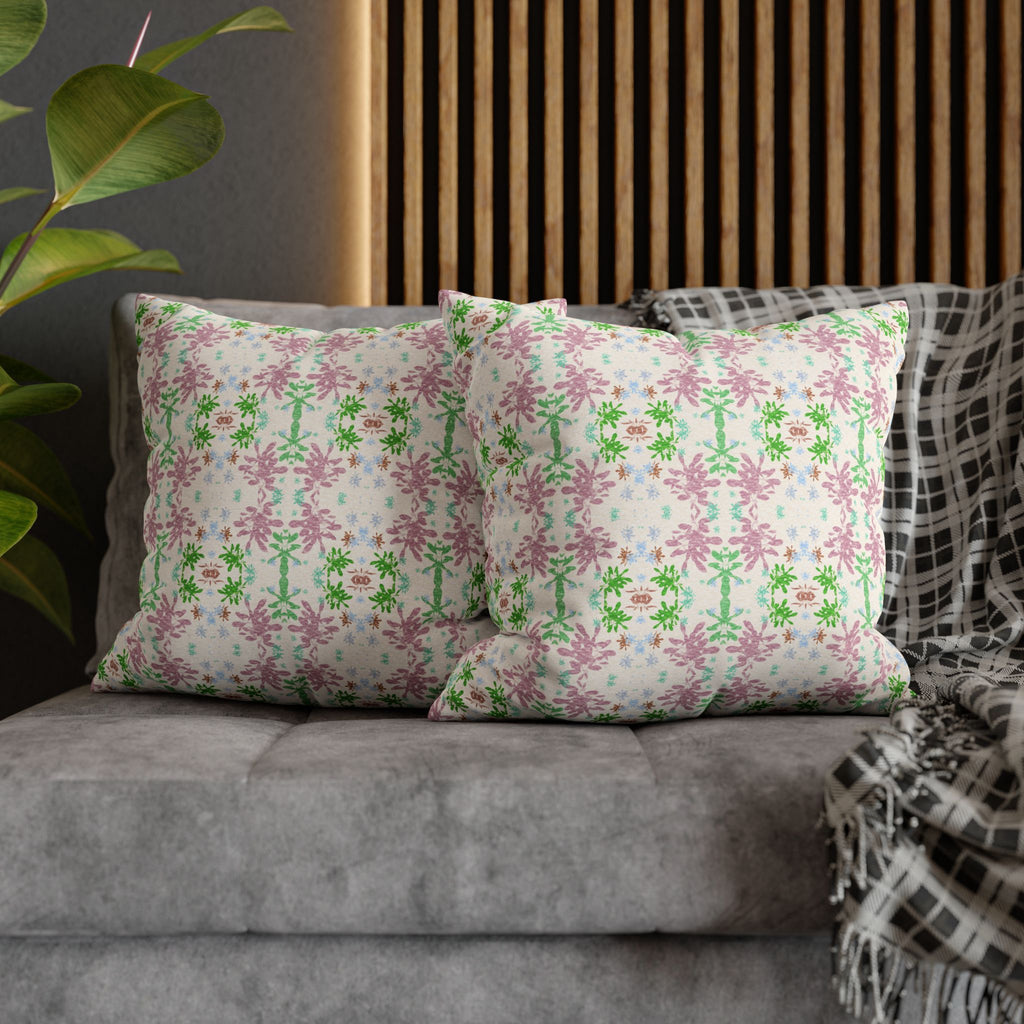 Green and Pink Floral Mosaic Square Pillowcase — Pastel Garden Decorative Throw Pillow Cover