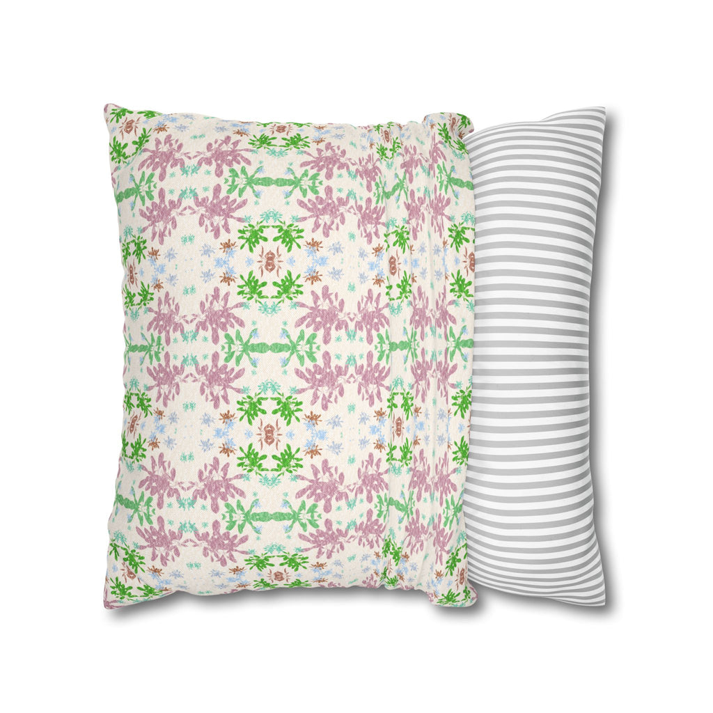 Green and Pink Floral Mosaic Square Pillowcase — Pastel Garden Decorative Throw Pillow Cover