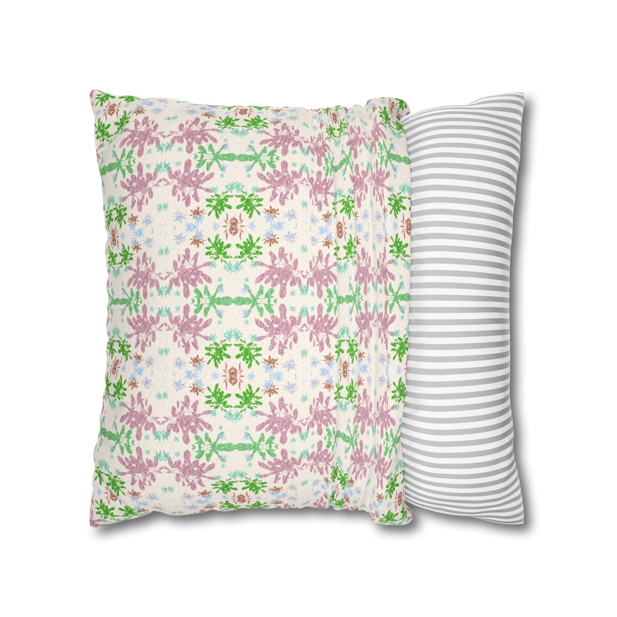 Green and Pink Floral Mosaic Square Pillowcase — Pastel Garden Decorative Throw Pillow Cover