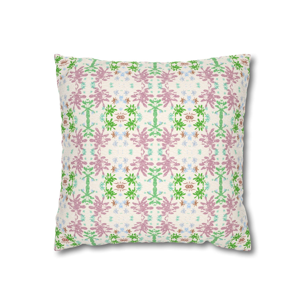 Green and Pink Floral Mosaic Square Pillowcase — Pastel Garden Decorative Throw Pillow Cover