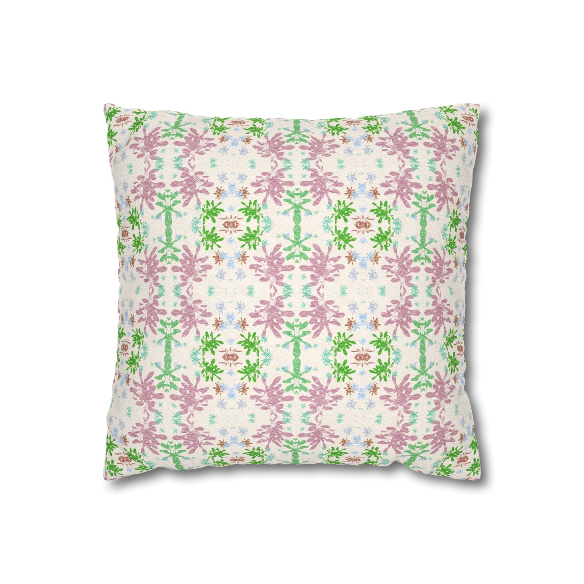 Green and Pink Floral Mosaic Square Pillowcase — Pastel Garden Decorative Throw Pillow Cover