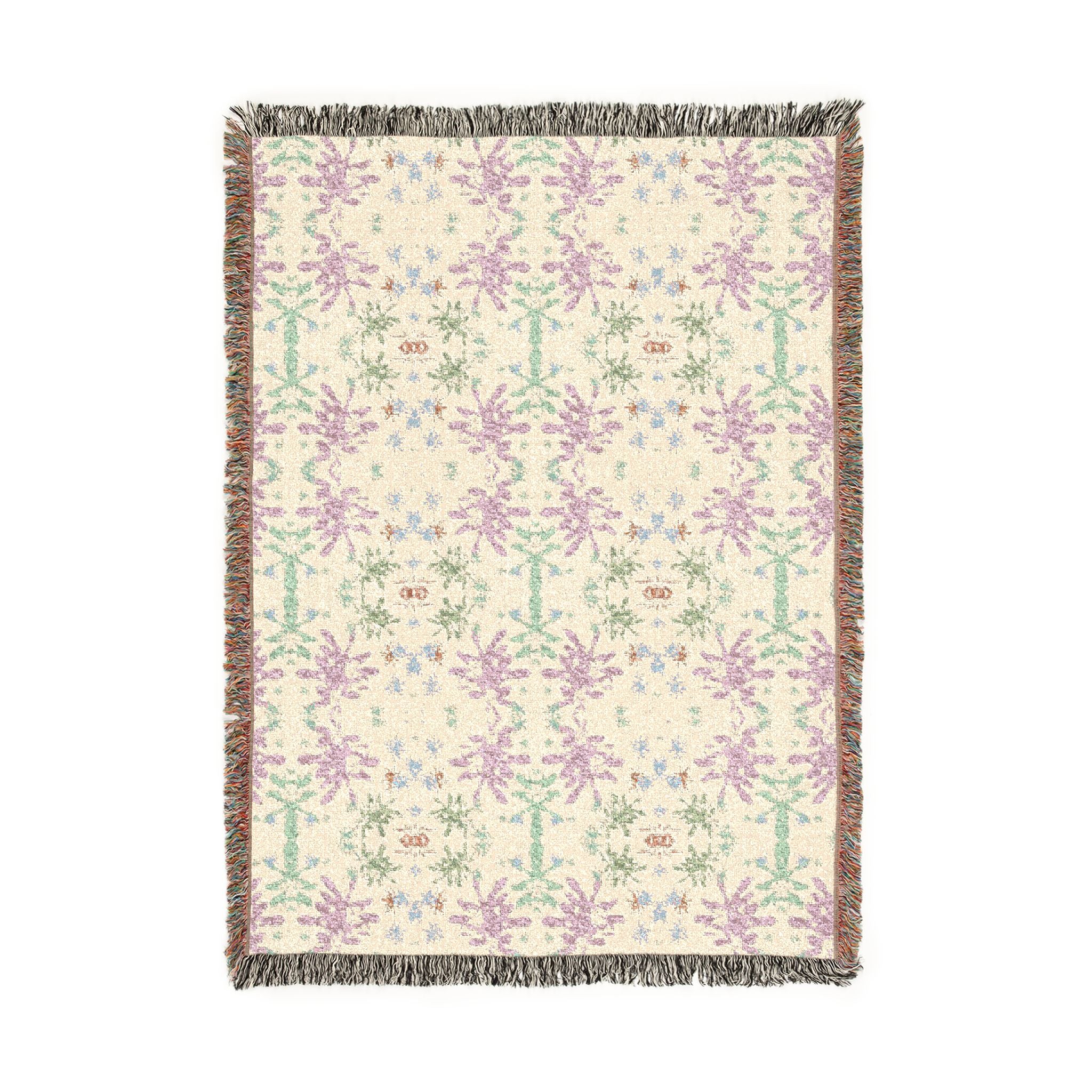 Green and Pink Woven Blanket - Vintage Floral Jacquard Throw, Pastel Cottagecore Home Decor