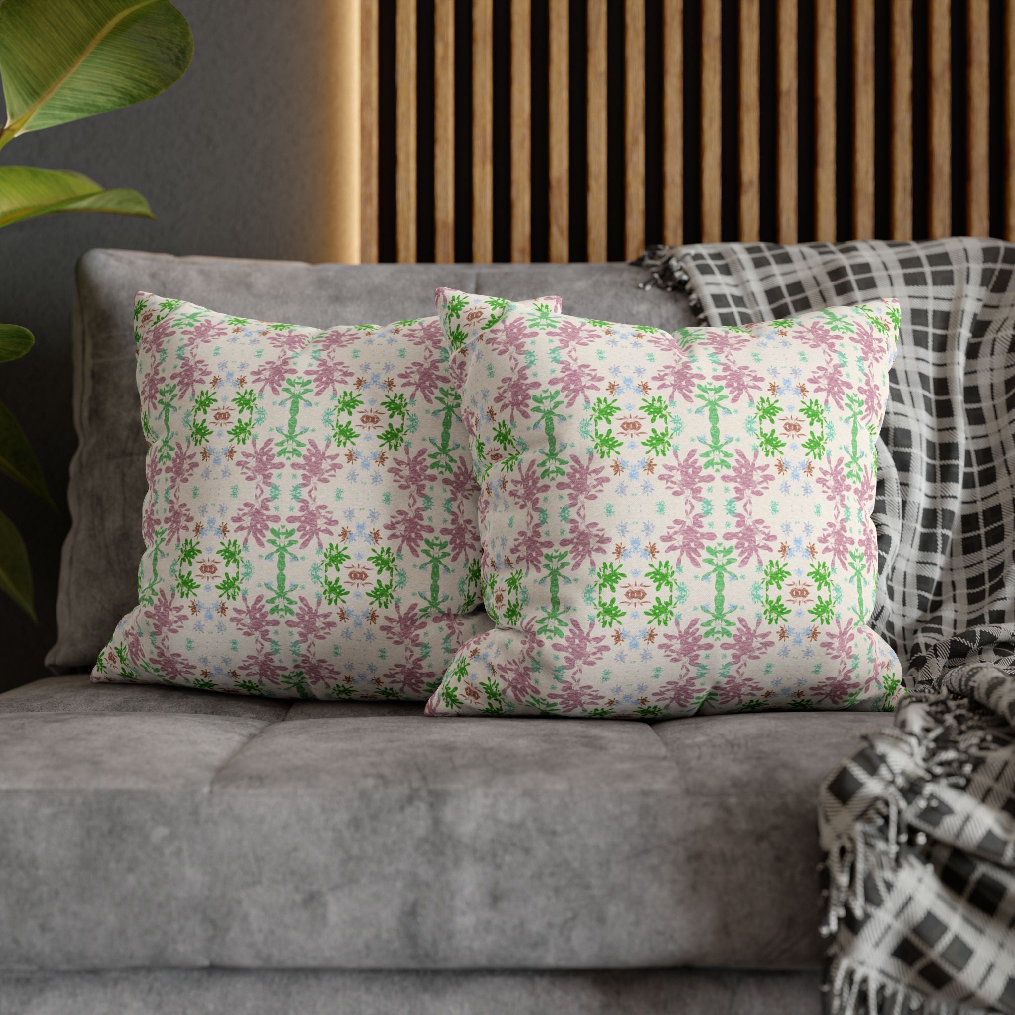 Green and Pink Floral Mosaic Square Pillowcase — Pastel Garden Decorative Throw Pillow Cover
