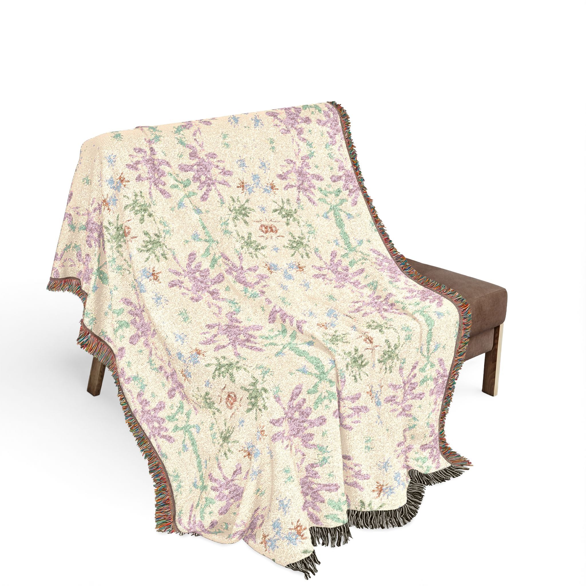 Green and Pink Woven Blanket - Vintage Floral Jacquard Throw, Pastel Cottagecore Home Decor