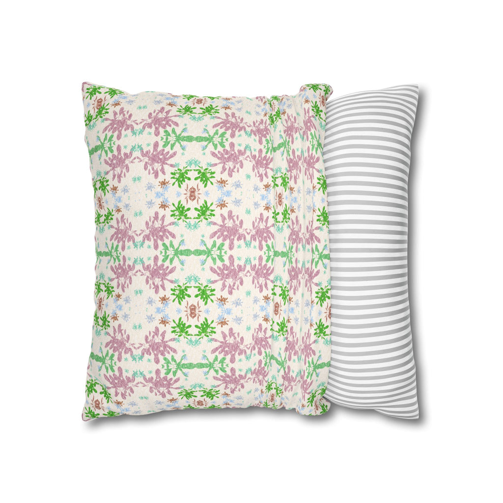 Green and Pink Floral Mosaic Square Pillowcase — Pastel Garden Decorative Throw Pillow Cover