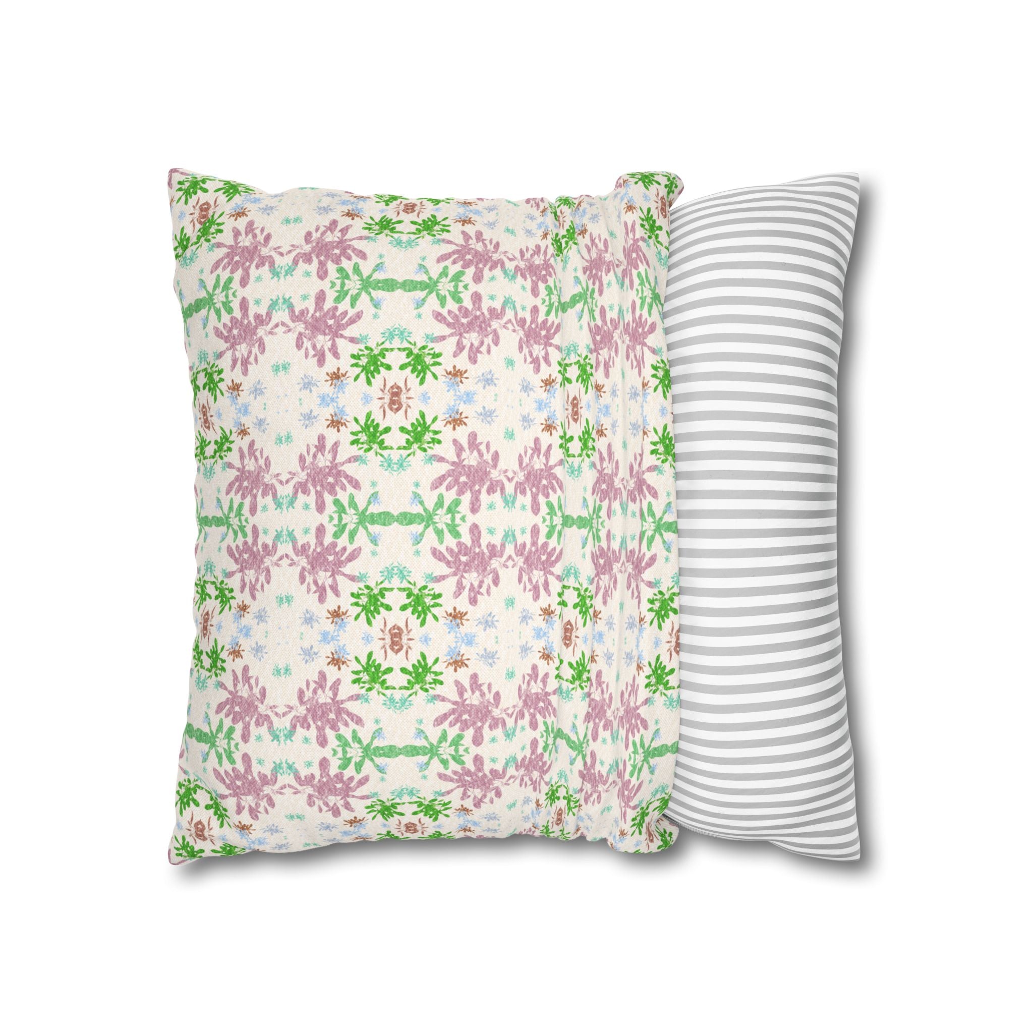 Green and Pink Floral Mosaic Square Pillowcase — Pastel Garden Decorative Throw Pillow Cover