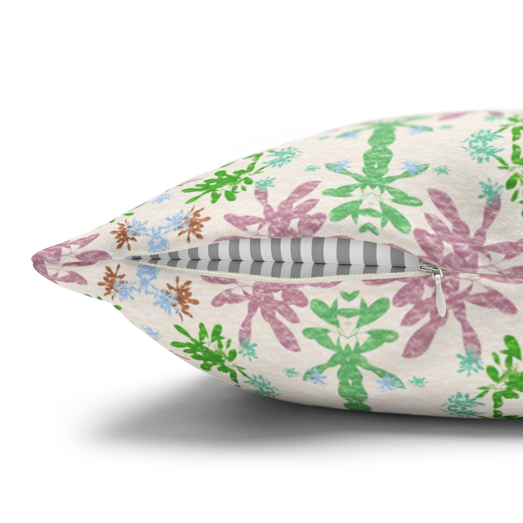Green and Pink Floral Mosaic Square Pillowcase — Pastel Garden Decorative Throw Pillow Cover