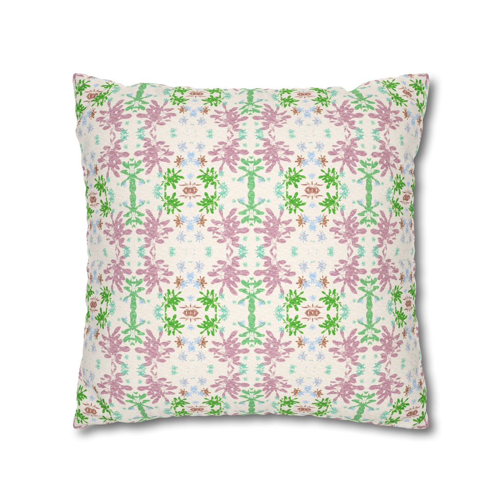 Green and Pink Floral Mosaic Square Pillowcase — Pastel Garden Decorative Throw Pillow Cover