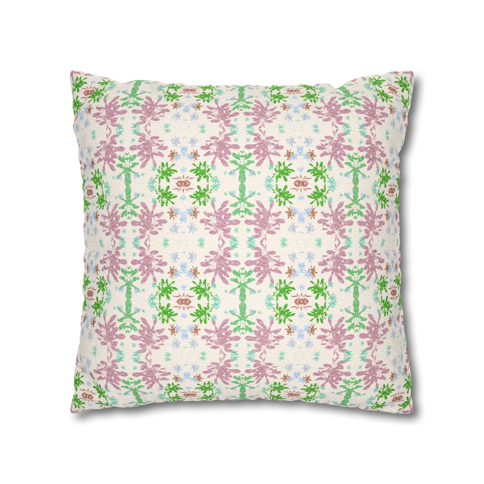 Green and Pink Floral Mosaic Square Pillowcase — Pastel Garden Decorative Throw Pillow Cover