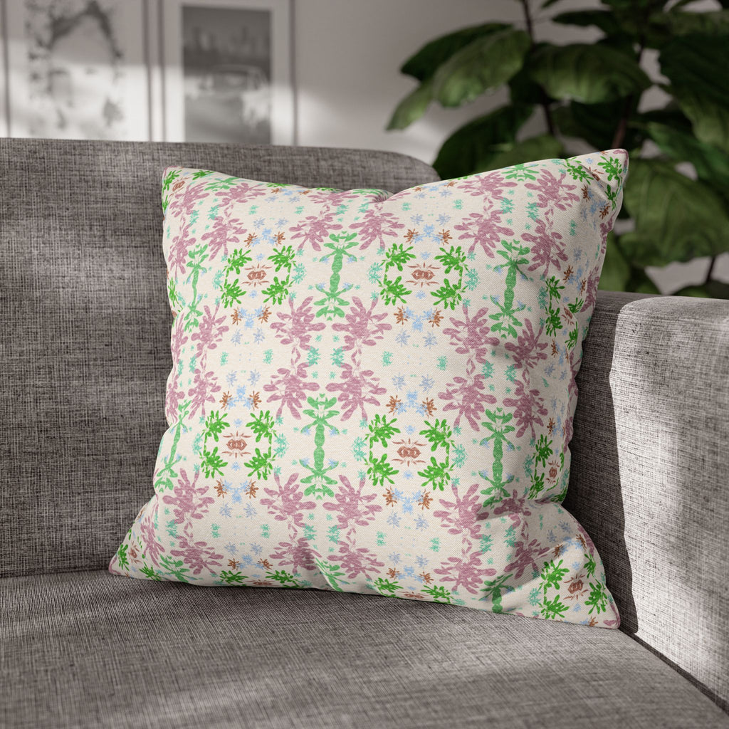Green and Pink Floral Mosaic Square Pillowcase — Pastel Garden Decorative Throw Pillow Cover