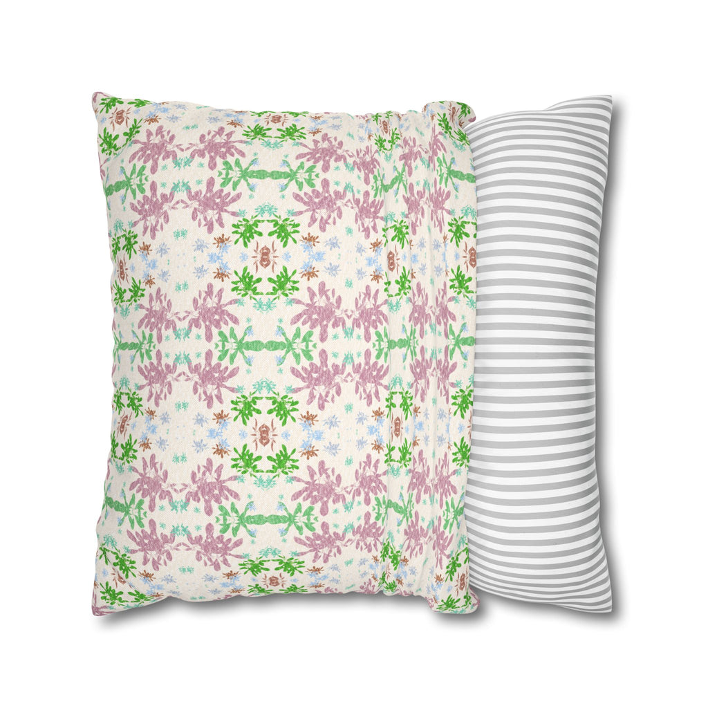 Green and Pink Floral Mosaic Square Pillowcase — Pastel Garden Decorative Throw Pillow Cover
