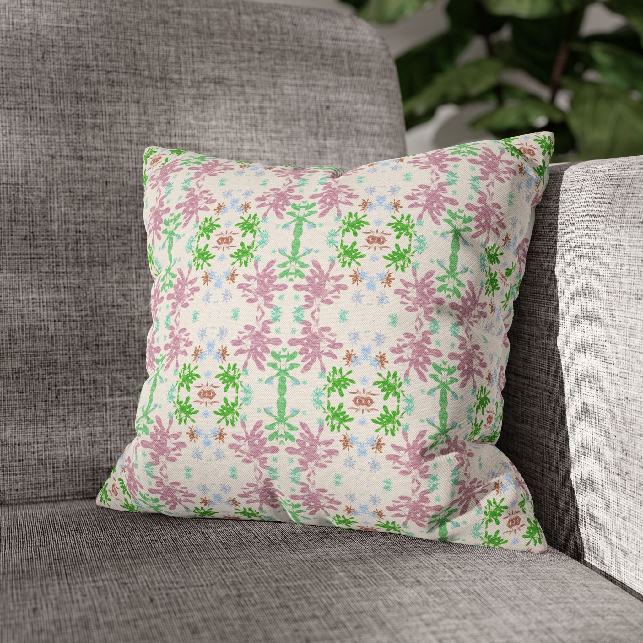 Green and Pink Floral Mosaic Square Pillowcase — Pastel Garden Decorative Throw Pillow Cover